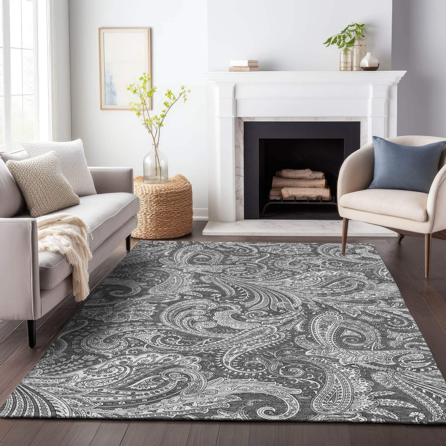 8' X 10' Gray And Ivory Paisley Washable Area Rug With UV Protection - HomeRoots - Flyclothing LLC