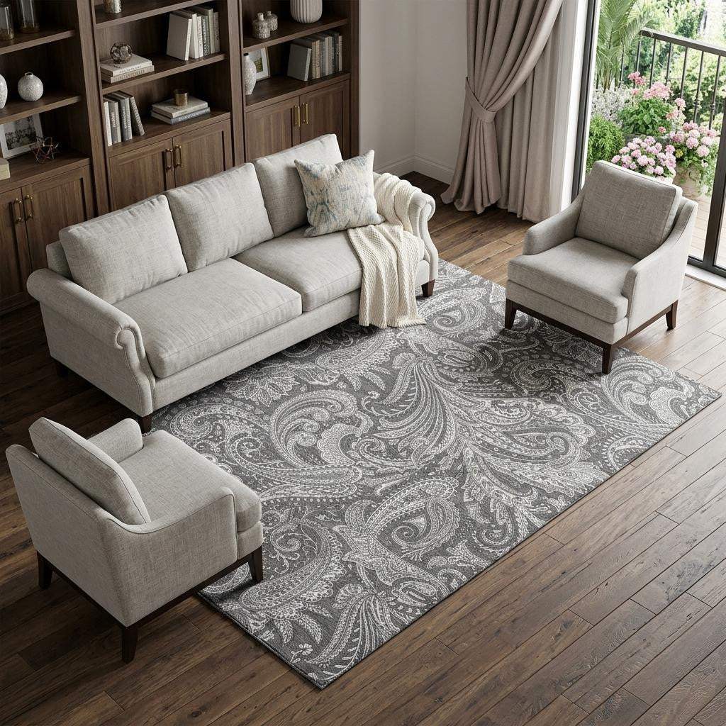 8' X 10' Gray And Ivory Paisley Washable Area Rug With UV Protection - HomeRoots - Flyclothing LLC