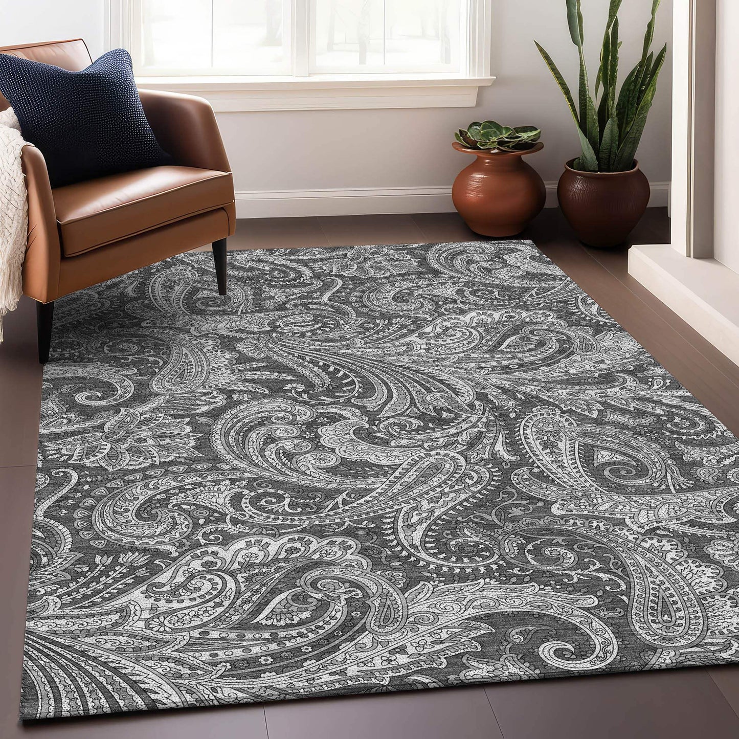 10' X 14' Gray And Ivory Paisley Washable Area Rug With UV Protection - HomeRoots - Flyclothing LLC
