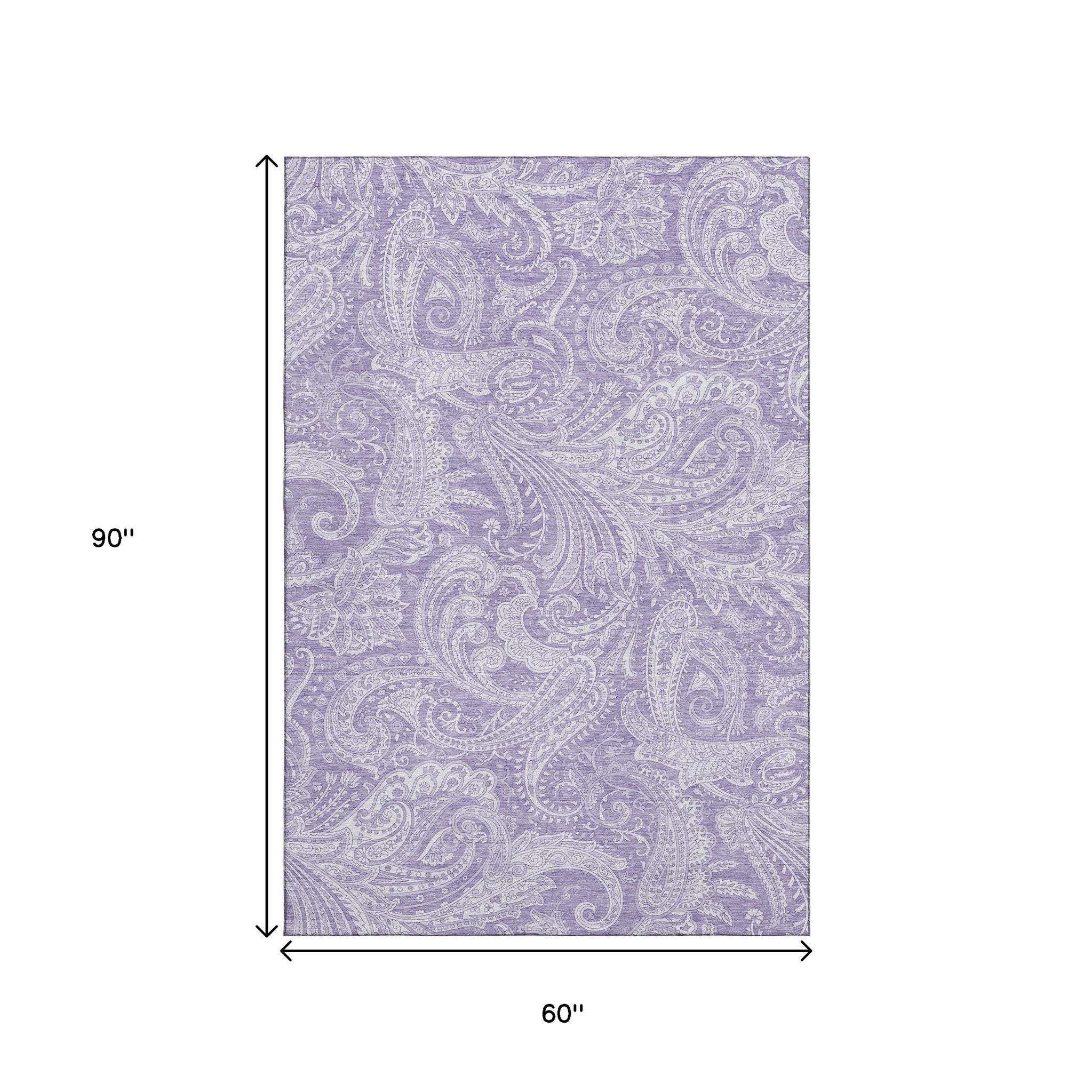 5' X 8' Lavender And Ivory Paisley Washable Area Rug With UV Protection - HomeRoots - Flyclothing LLC