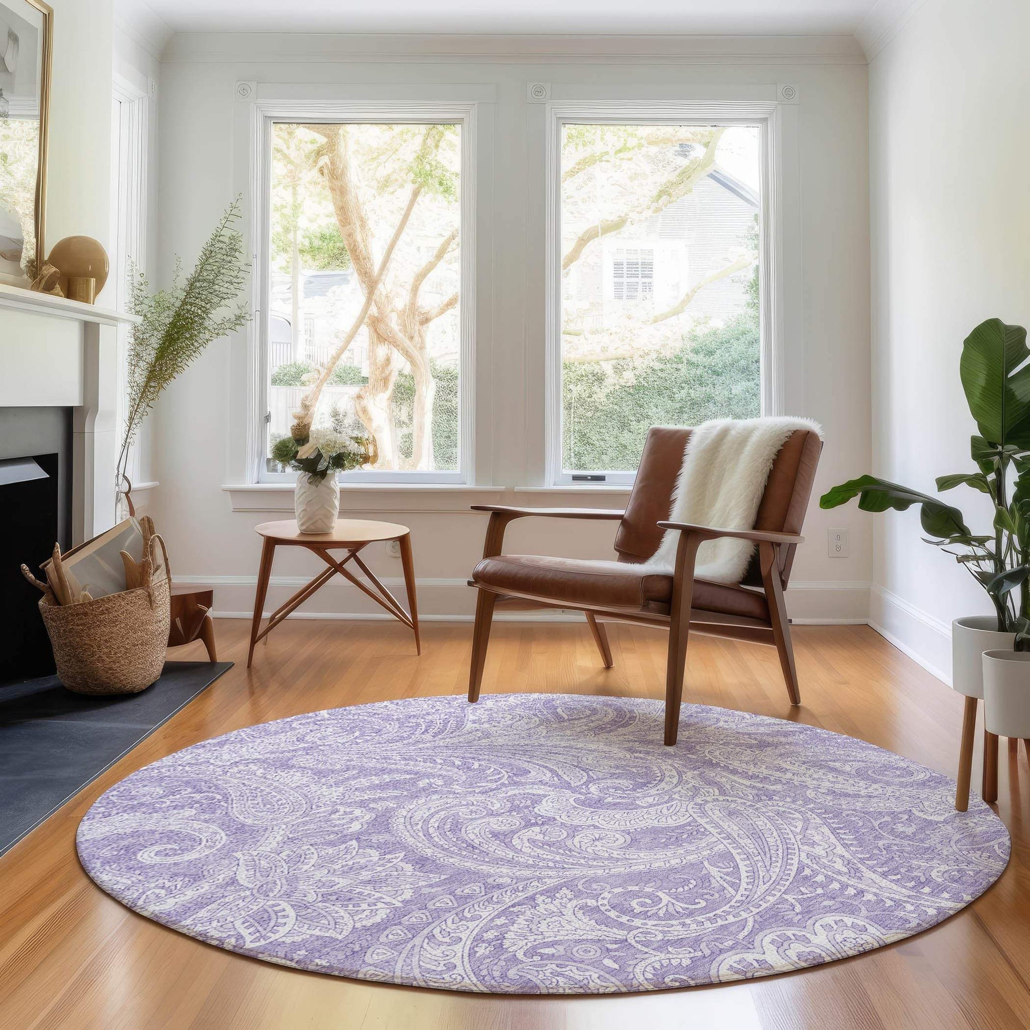 8' Lavender And Ivory Paisley Washable Round Rug With UV Protection - HomeRoots - Flyclothing LLC