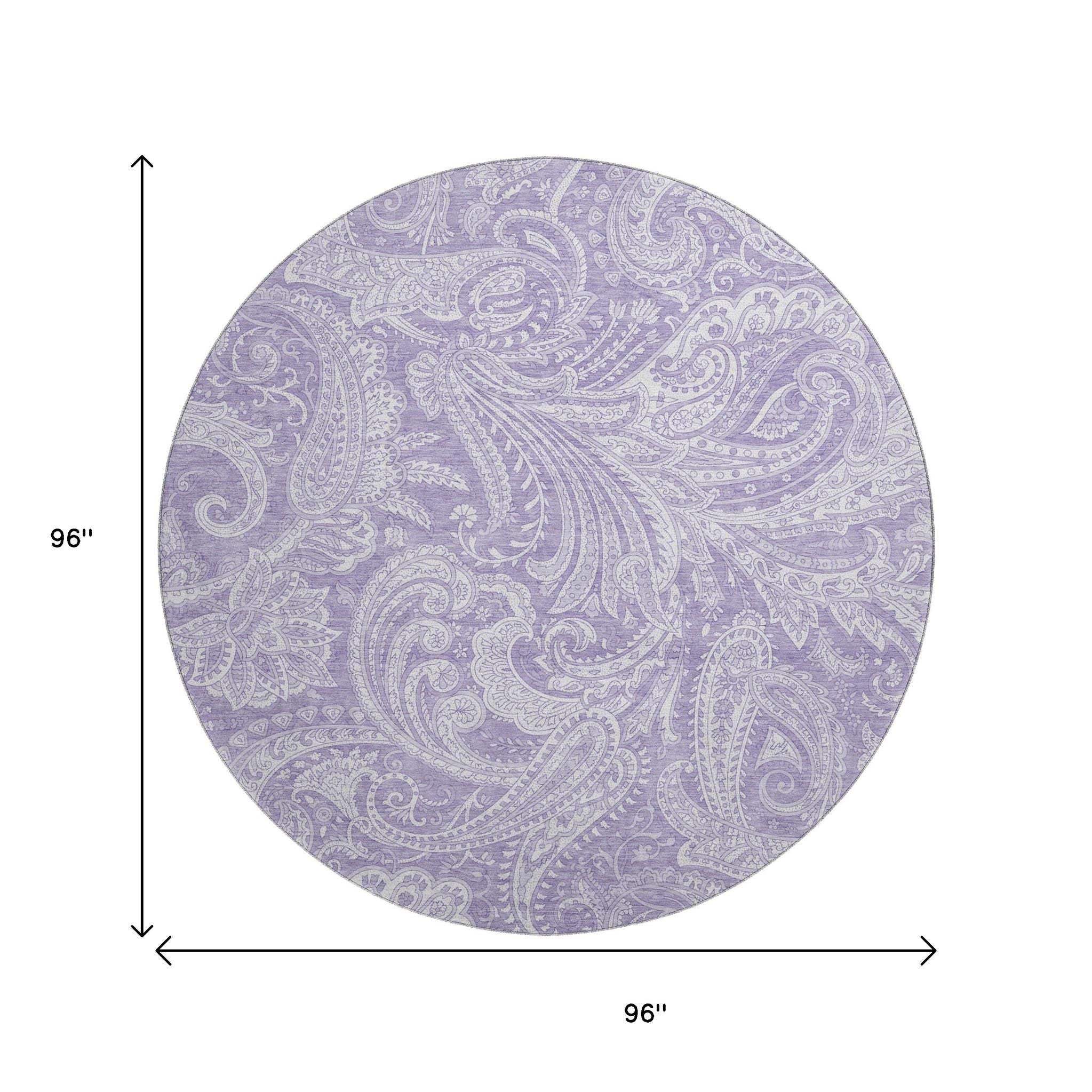 8' Lavender And Ivory Paisley Washable Round Rug With UV Protection - HomeRoots - Flyclothing LLC