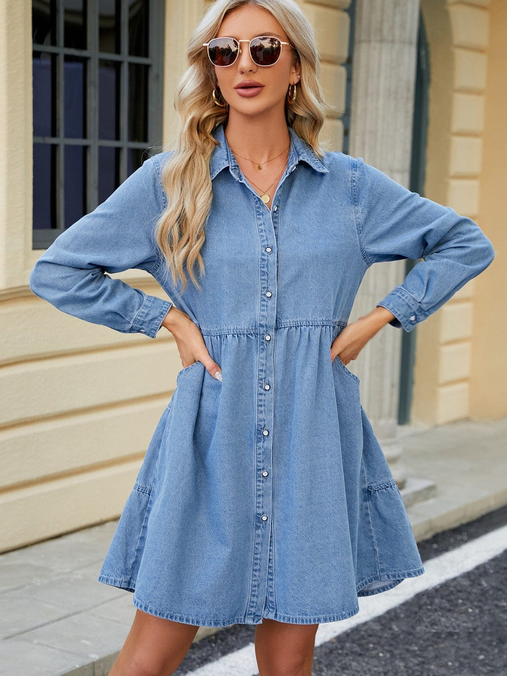 Tiered Button Up Long Sleeve Denim Dress - Trendsi