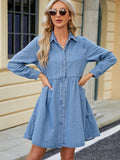 Tiered Button Up Long Sleeve Denim Dress - Trendsi
