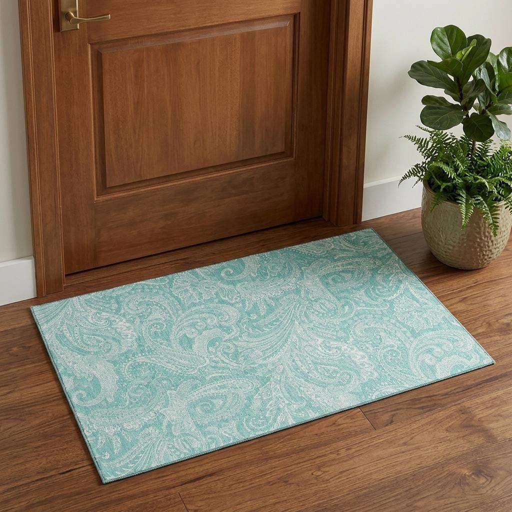 3' X 5' Teal And Ivory Paisley Washable Area Rug With UV Protection - HomeRoots - Flyclothing LLC