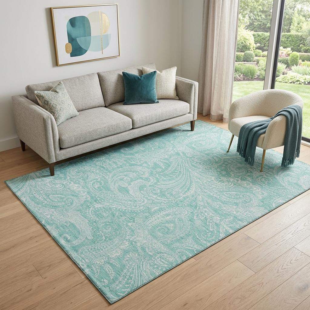 5' X 8' Teal And Ivory Paisley Washable Area Rug With UV Protection - HomeRoots - Flyclothing LLC