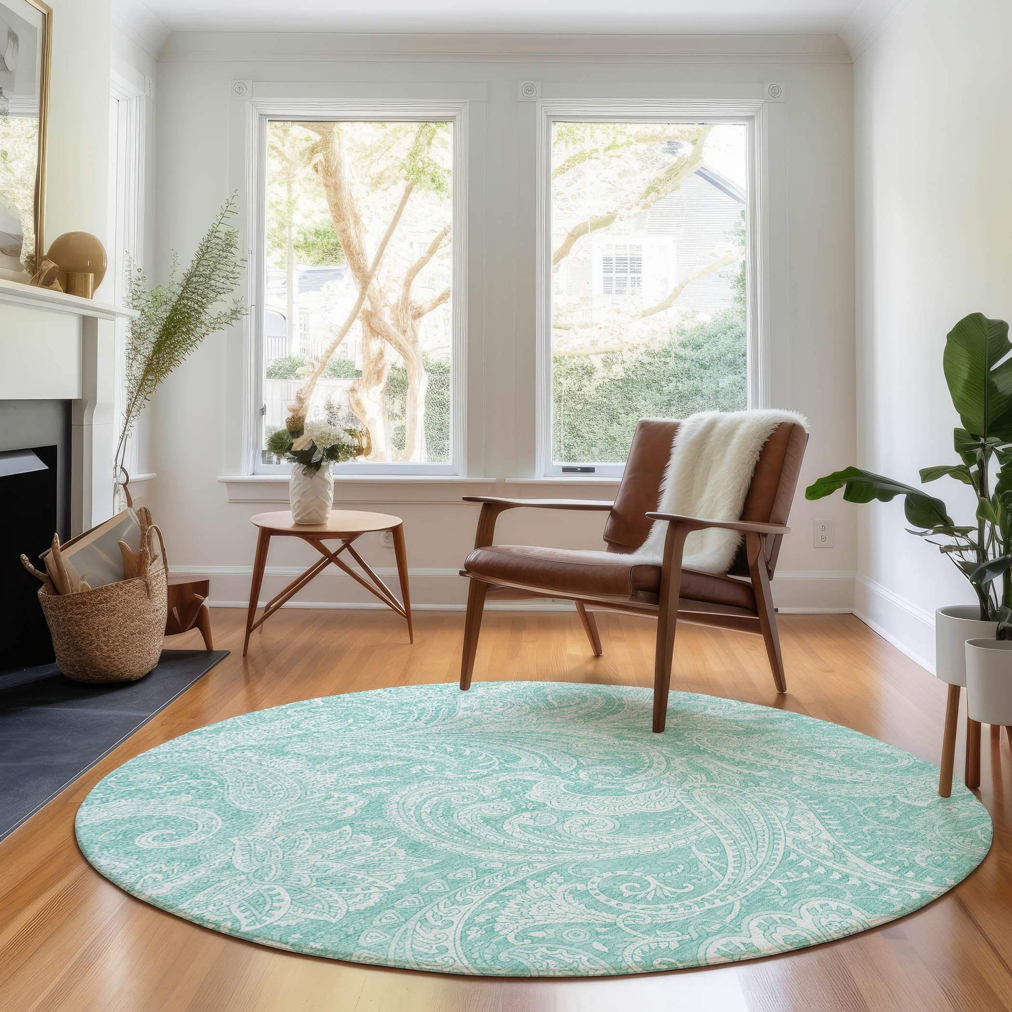 8' Teal And Ivory Paisley Washable Round Rug With UV Protection - HomeRoots - Flyclothing LLC