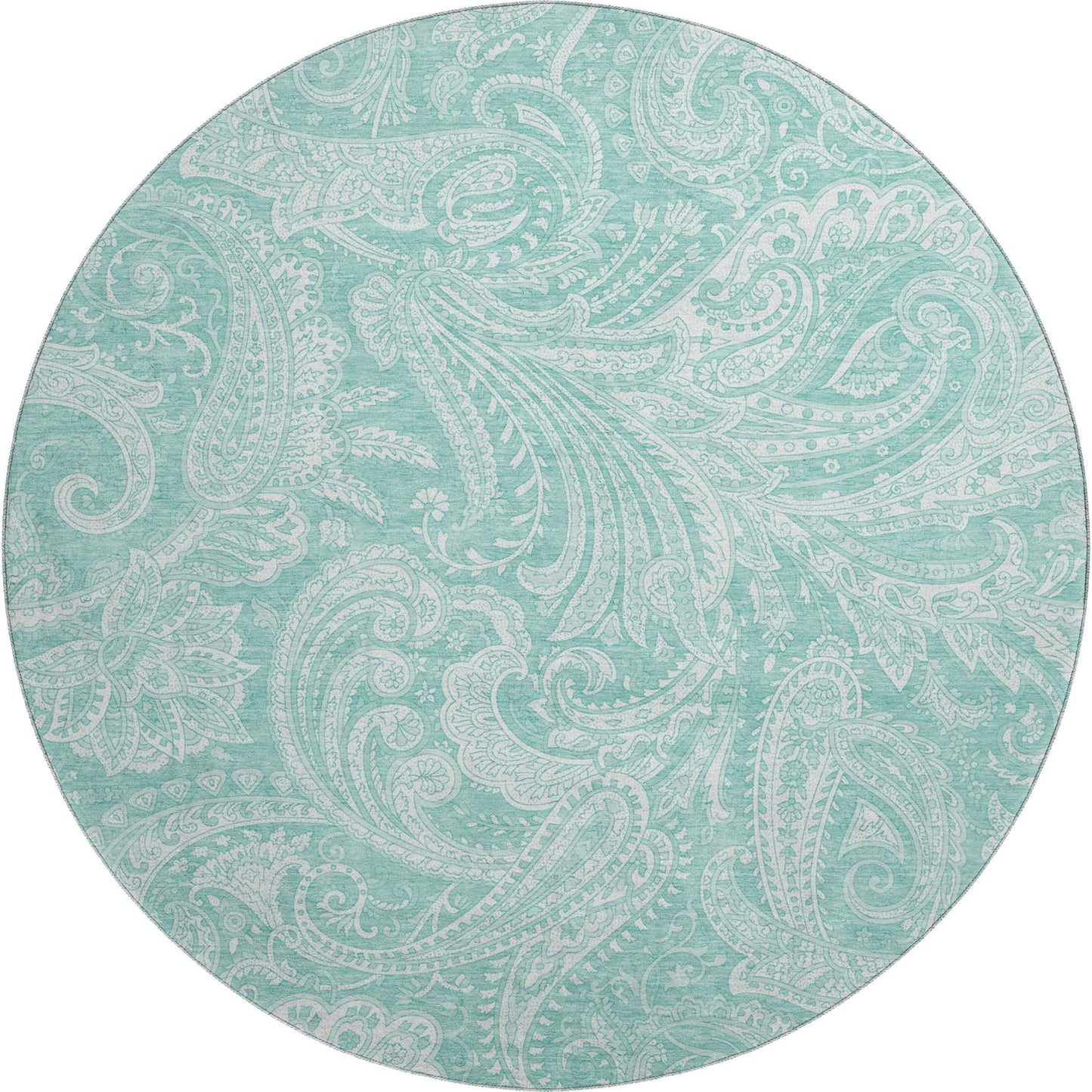 8' Teal And Ivory Paisley Washable Round Rug With UV Protection - HomeRoots - Flyclothing LLC
