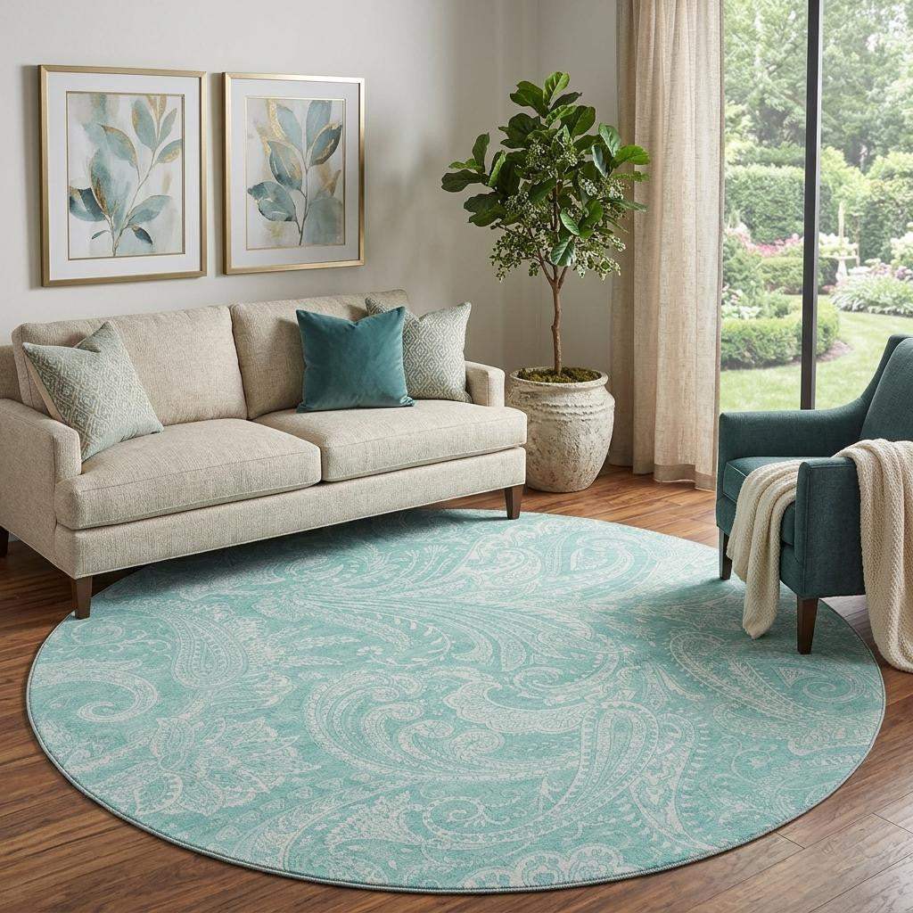 8' Teal And Ivory Paisley Washable Round Rug With UV Protection - HomeRoots - Flyclothing LLC