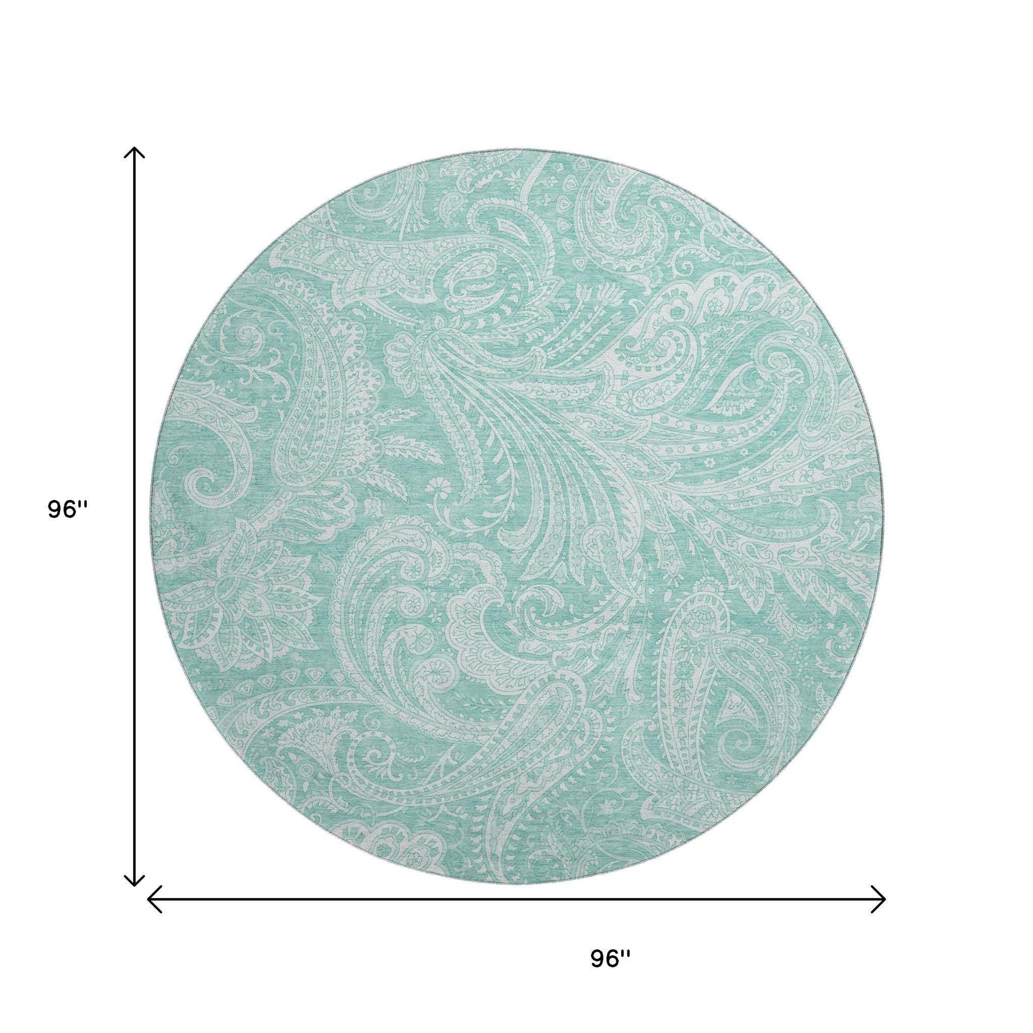 8' Teal And Ivory Paisley Washable Round Rug With UV Protection - HomeRoots - Flyclothing LLC