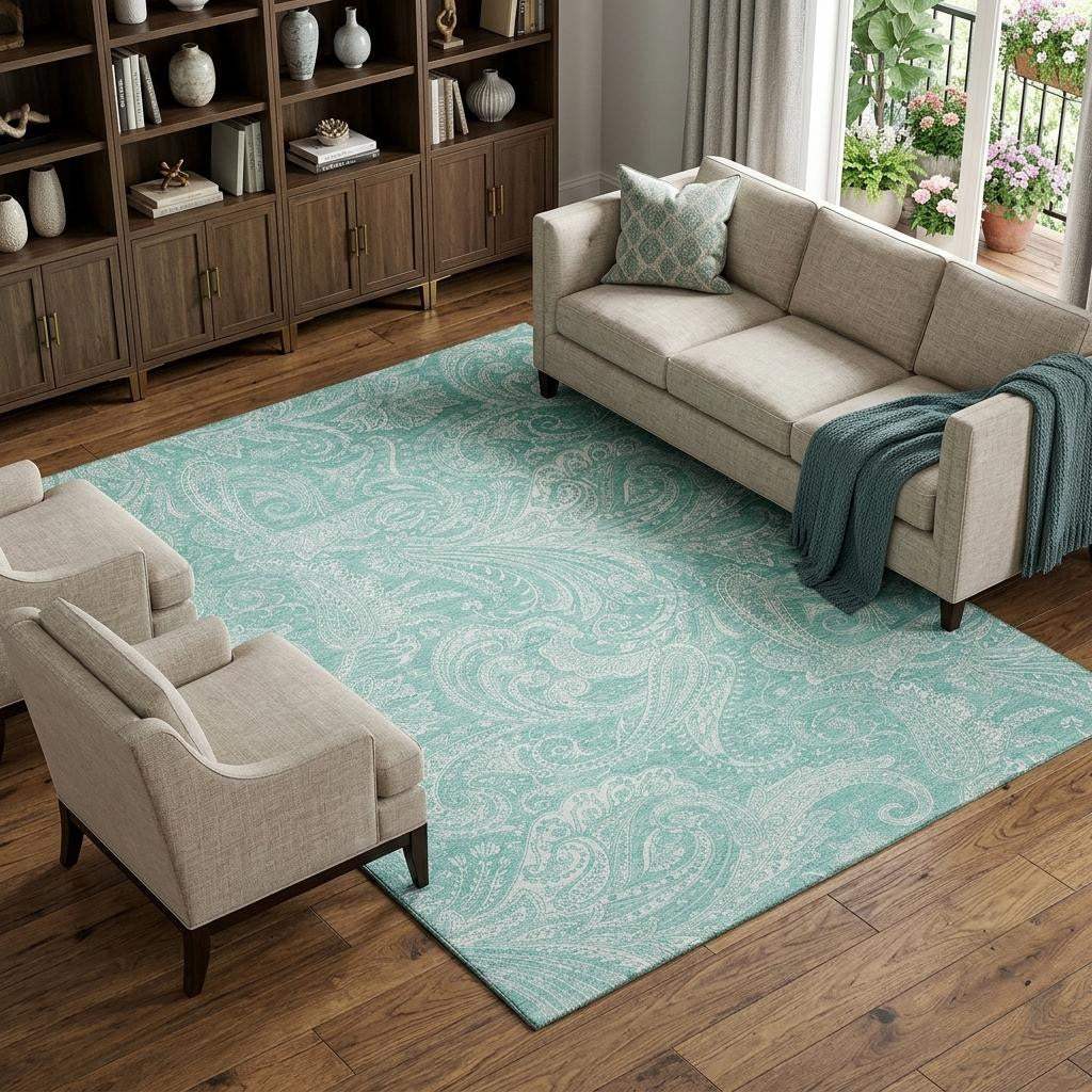 8' X 10' Teal And Ivory Paisley Washable Area Rug With UV Protection - HomeRoots - Flyclothing LLC
