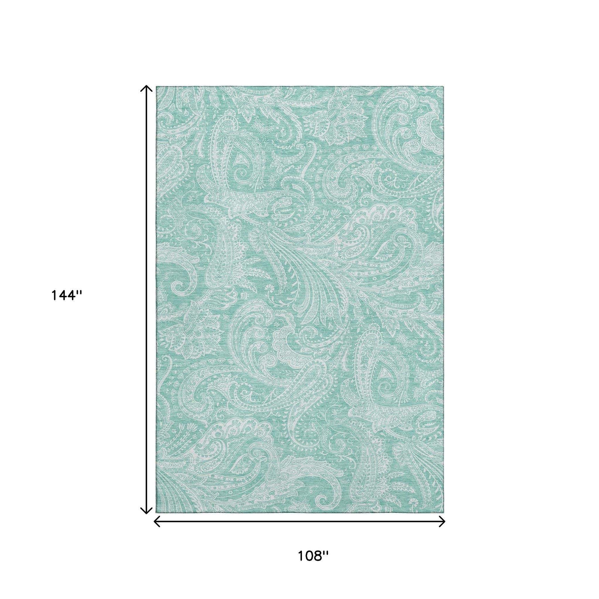 9' X 12' Teal And Ivory Paisley Washable Area Rug With UV Protection - HomeRoots - Flyclothing LLC