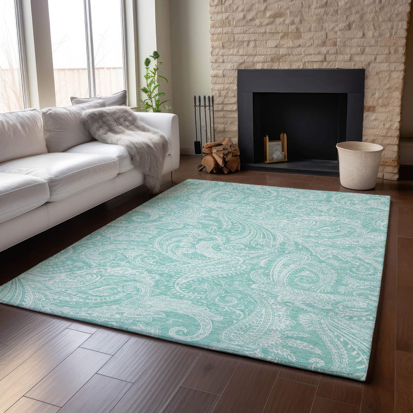 9' X 12' Teal And Ivory Paisley Washable Area Rug With UV Protection - HomeRoots - Flyclothing LLC