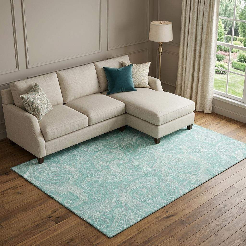 9' X 12' Teal And Ivory Paisley Washable Area Rug With UV Protection - HomeRoots - Flyclothing LLC