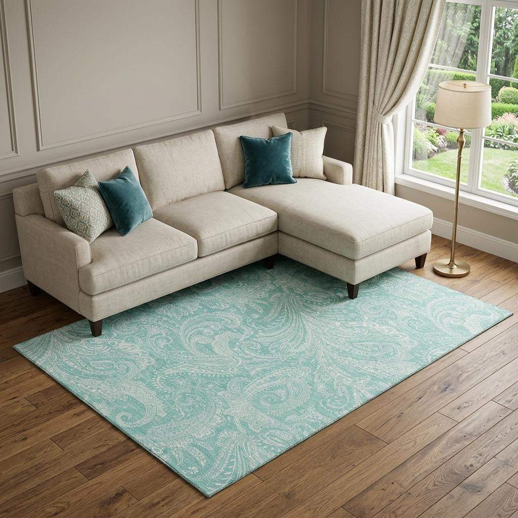 10' X 14' Teal And Ivory Paisley Washable Area Rug With UV Protection - HomeRoots - Flyclothing LLC