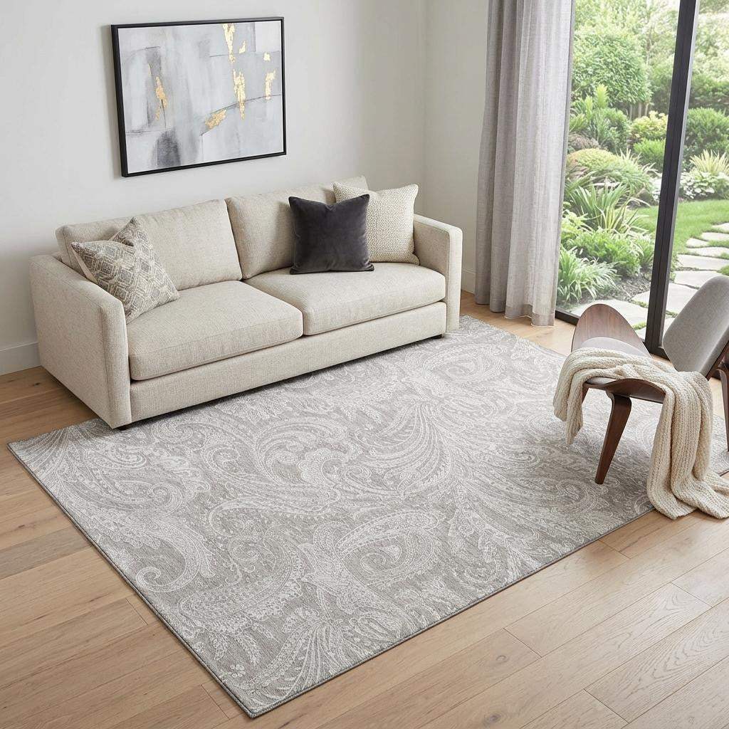 5' X 8' Taupe And Ivory Paisley Washable Area Rug With UV Protection - HomeRoots - Flyclothing LLC