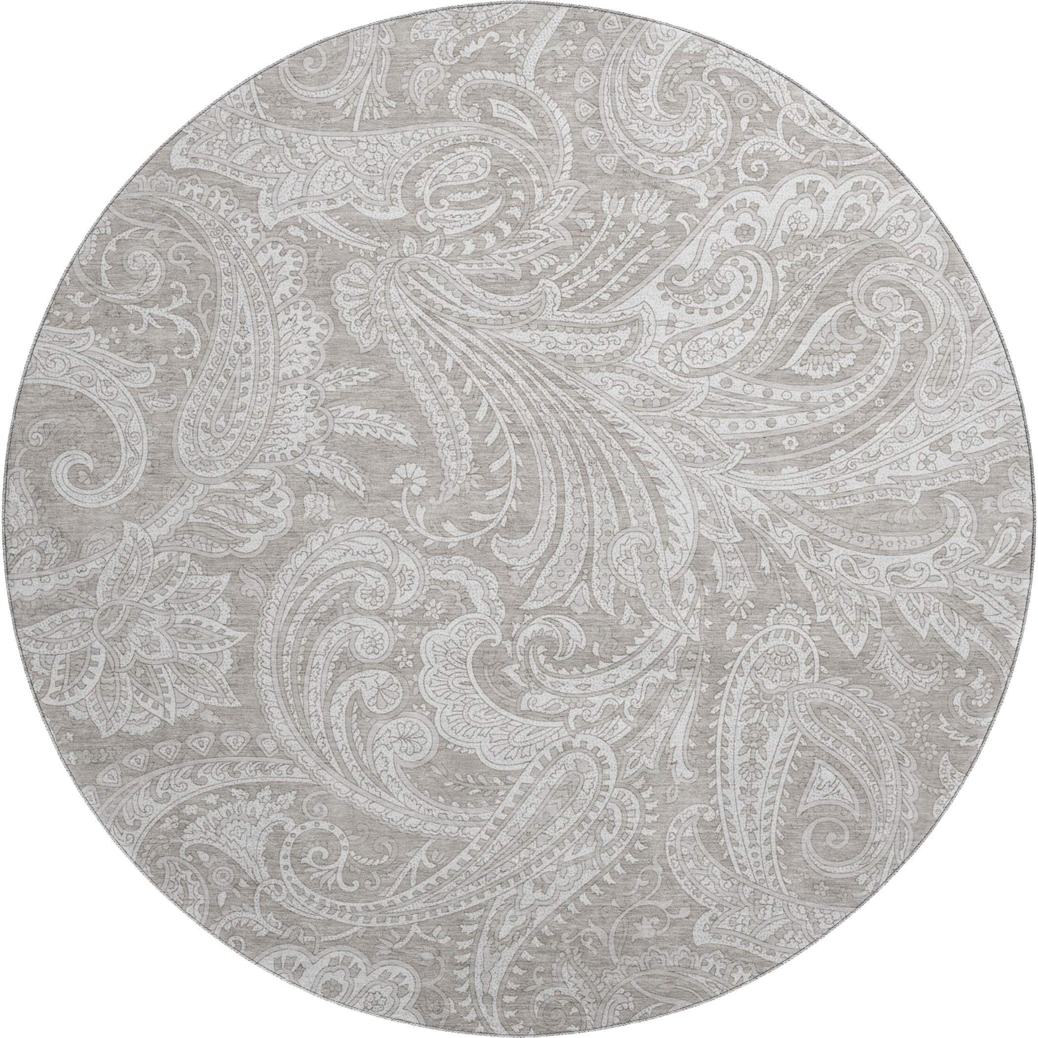 8' Taupe And Ivory Paisley Washable Round Rug With UV Protection - HomeRoots - Flyclothing LLC