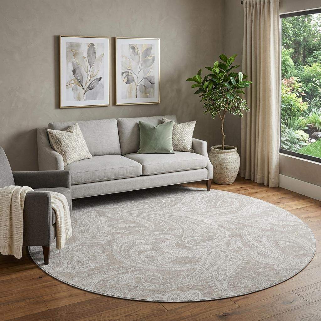 8' Taupe And Ivory Paisley Washable Round Rug With UV Protection - HomeRoots - Flyclothing LLC
