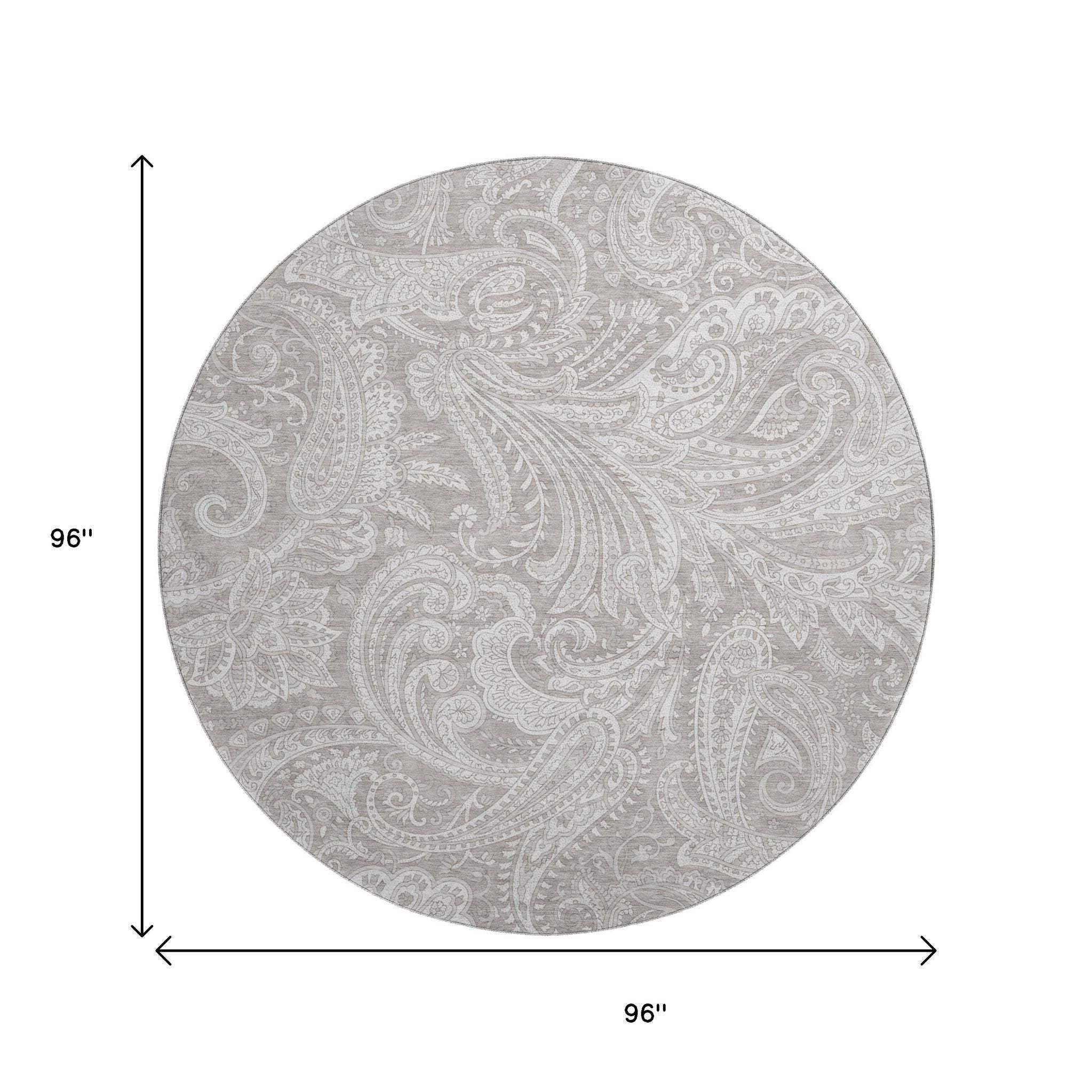 8' Taupe And Ivory Paisley Washable Round Rug With UV Protection - HomeRoots - Flyclothing LLC