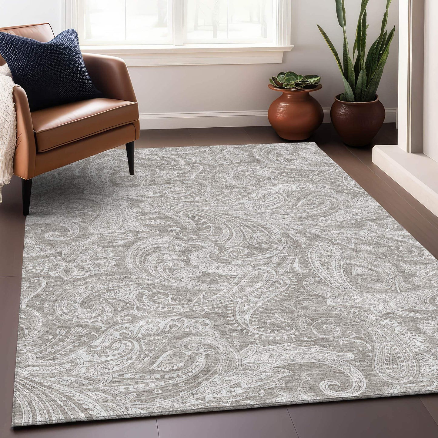 9' X 12' Taupe And Ivory Paisley Washable Area Rug With UV Protection - HomeRoots - Flyclothing LLC