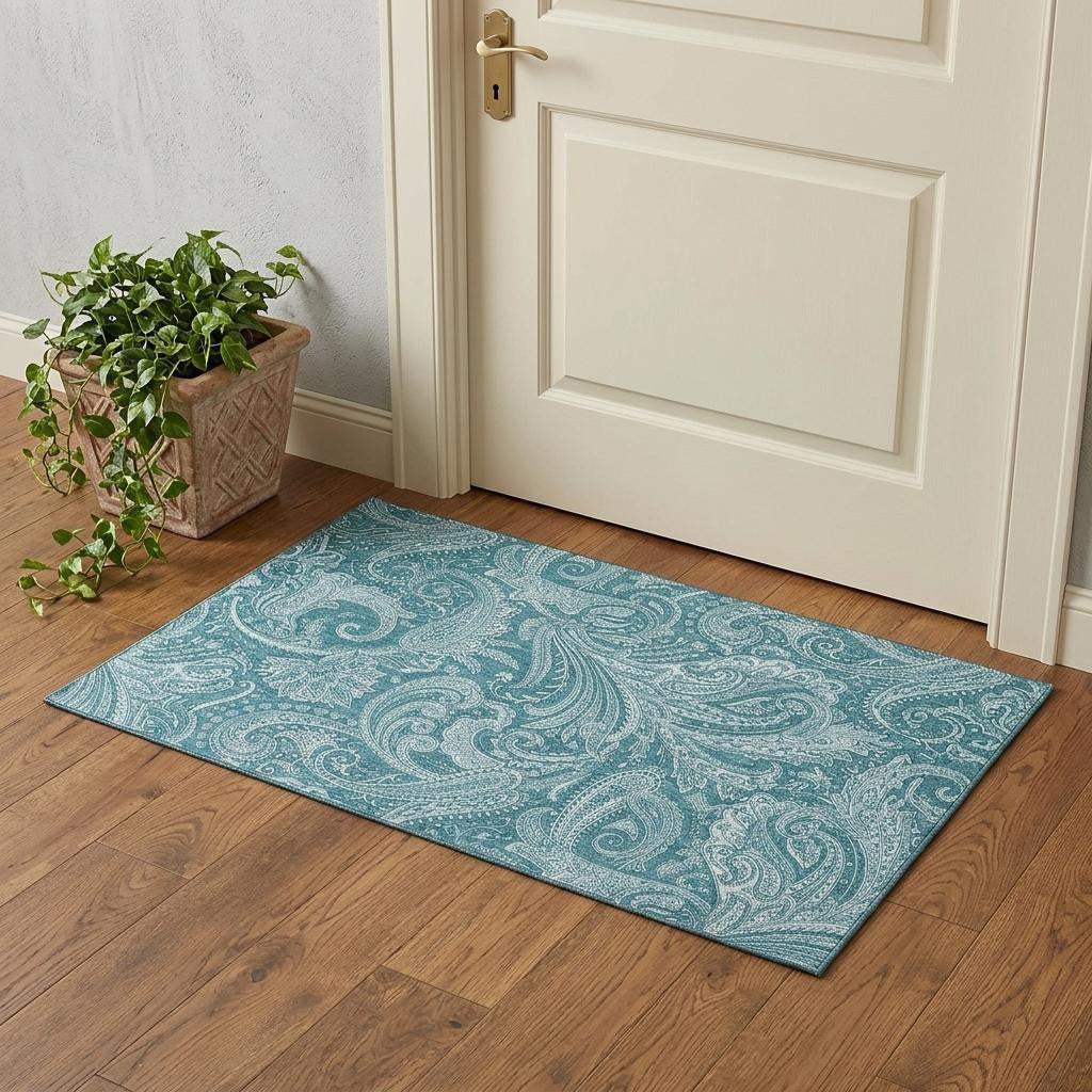 3' X 5' Turquoise And Ivory Paisley Washable Area Rug With UV Protection - HomeRoots - Flyclothing LLC