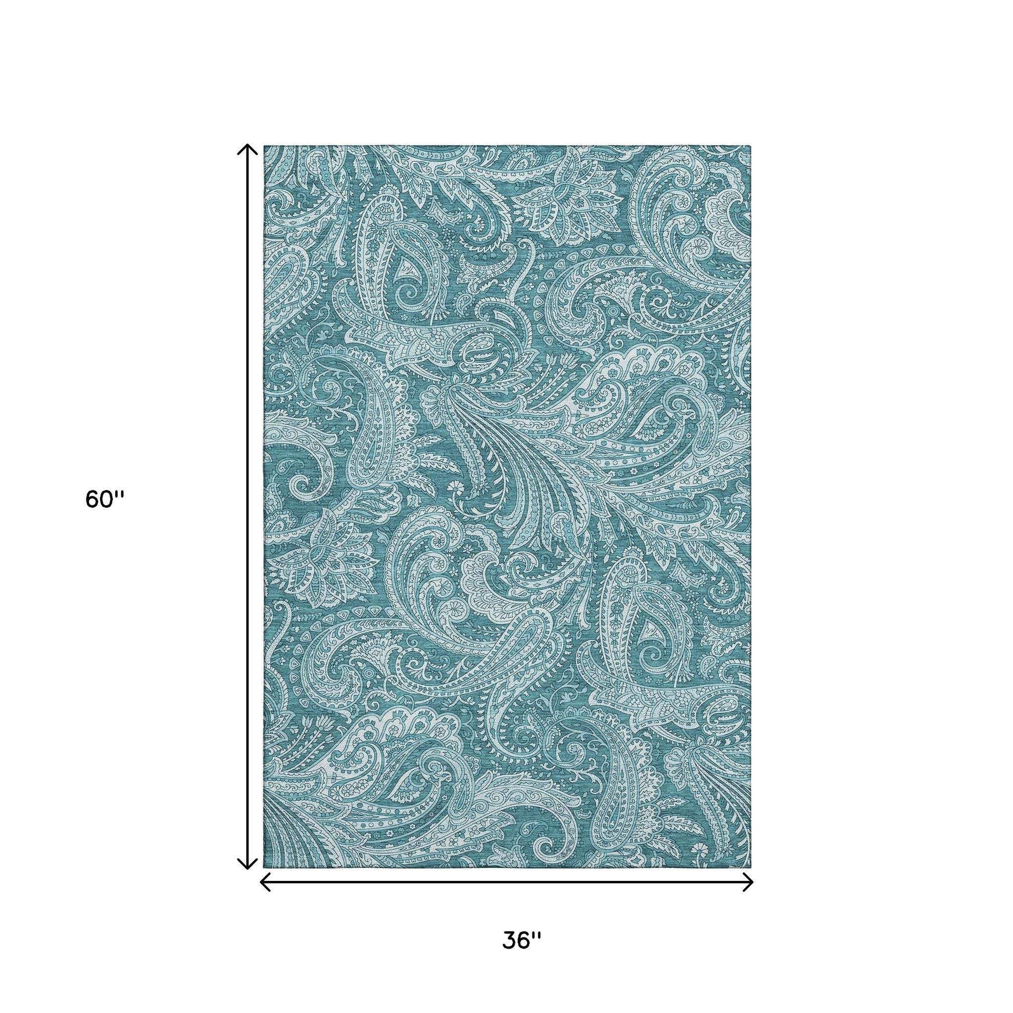 3' X 5' Turquoise And Ivory Paisley Washable Area Rug With UV Protection - HomeRoots - Flyclothing LLC