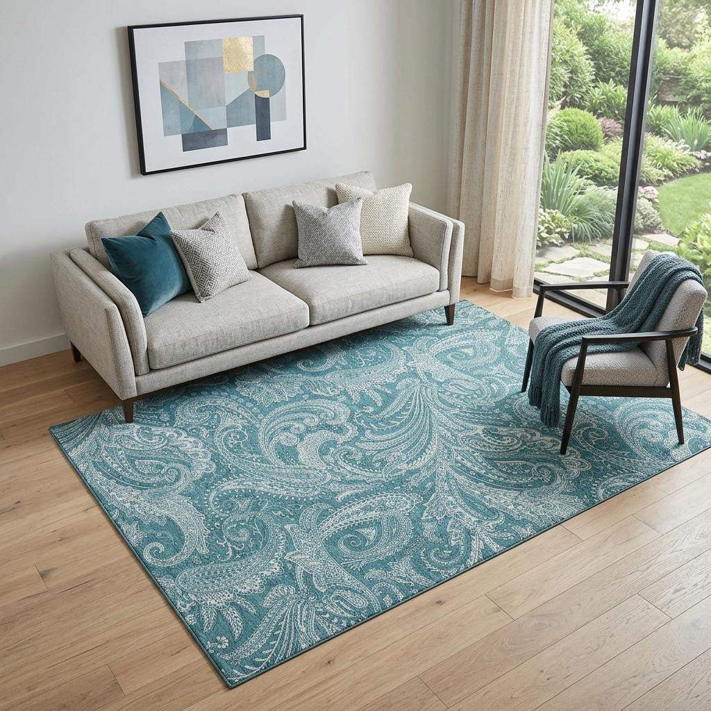 5' X 8' Turquoise And Ivory Paisley Washable Area Rug With UV Protection - HomeRoots - Flyclothing LLC