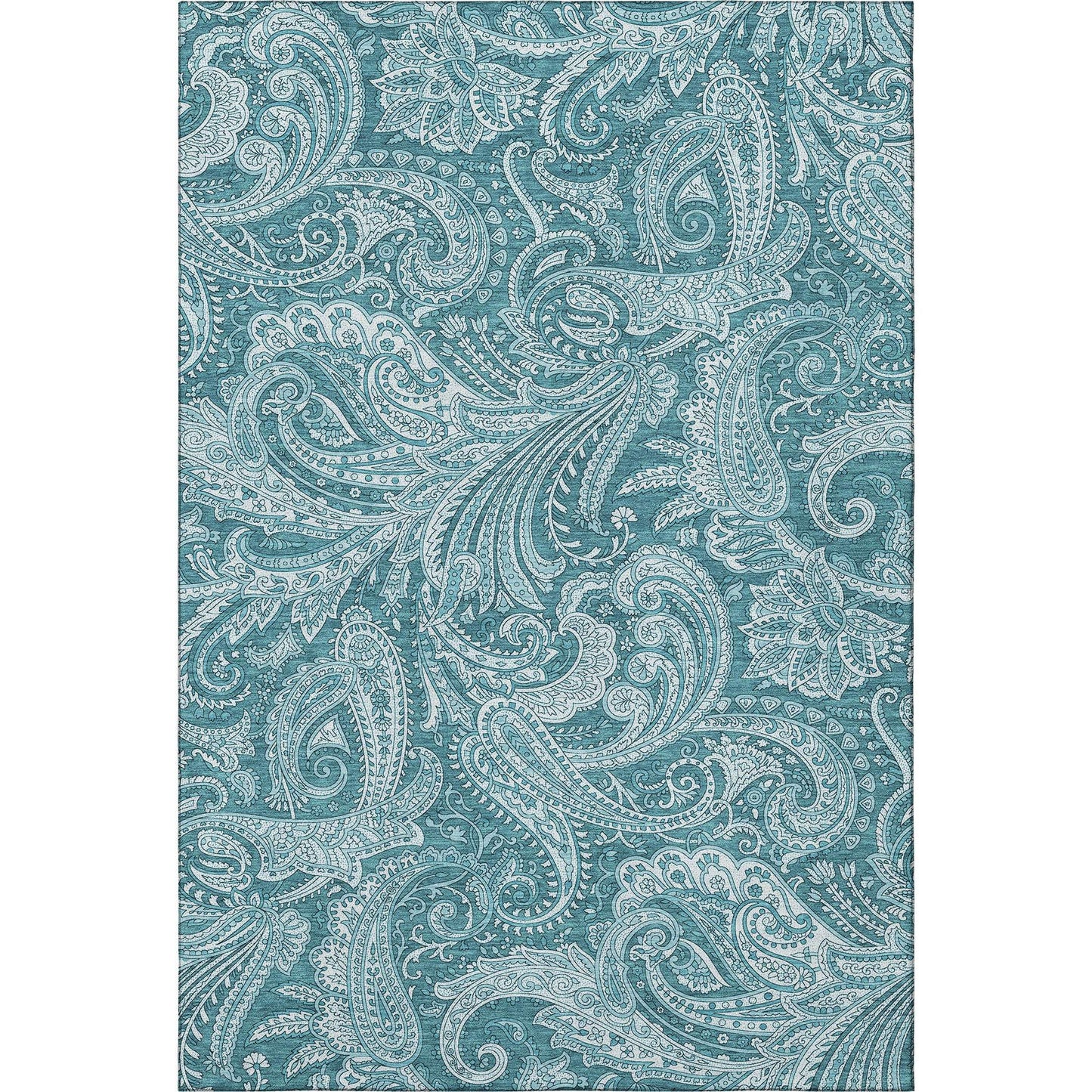 5' X 8' Turquoise And Ivory Paisley Washable Area Rug With UV Protection - HomeRoots - Flyclothing LLC
