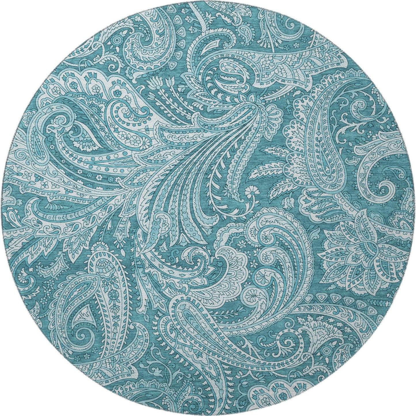 8' Turquoise And Ivory Paisley Washable Round Rug With UV Protection - HomeRoots - Flyclothing LLC