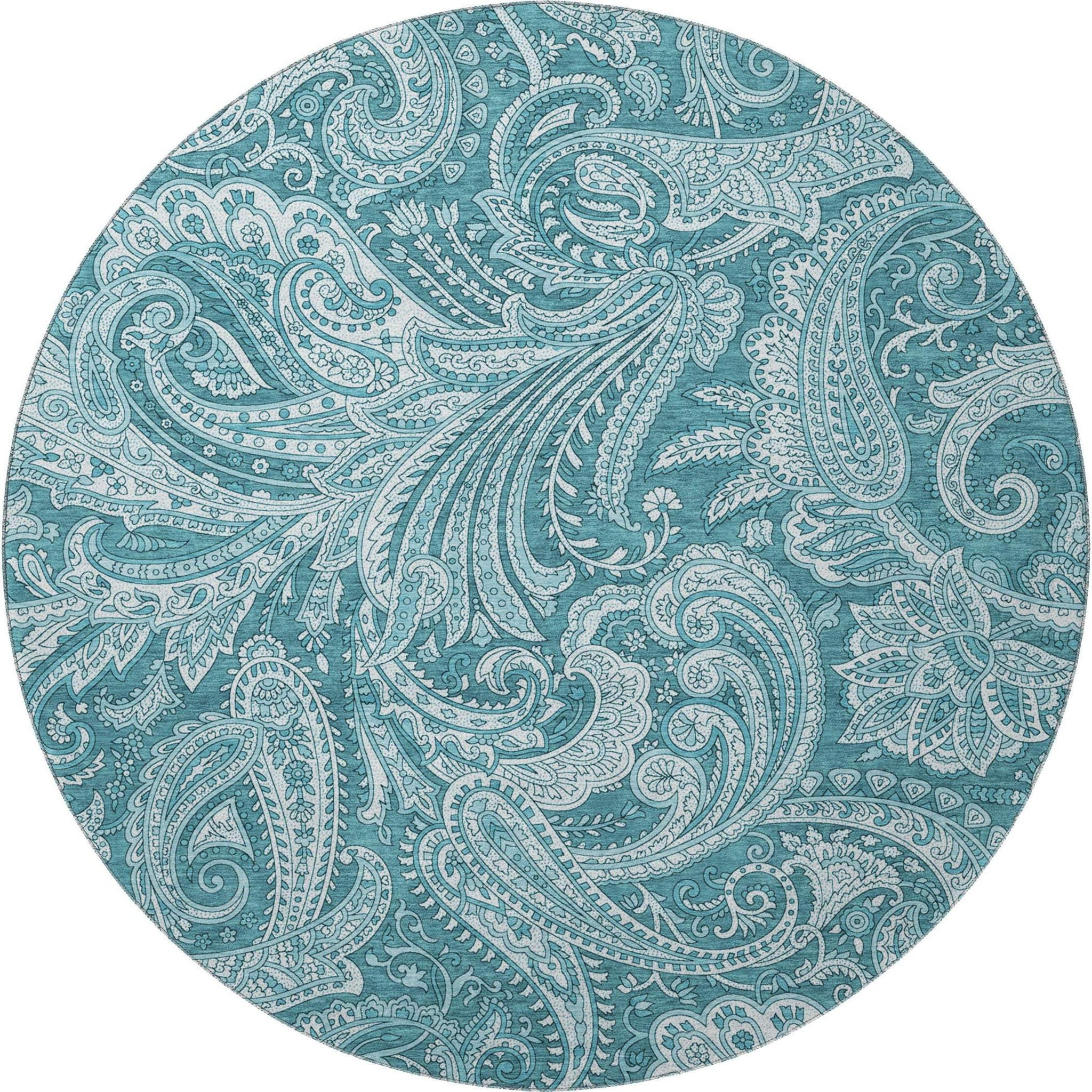 8' Turquoise And Ivory Paisley Washable Round Rug With UV Protection - HomeRoots - Flyclothing LLC
