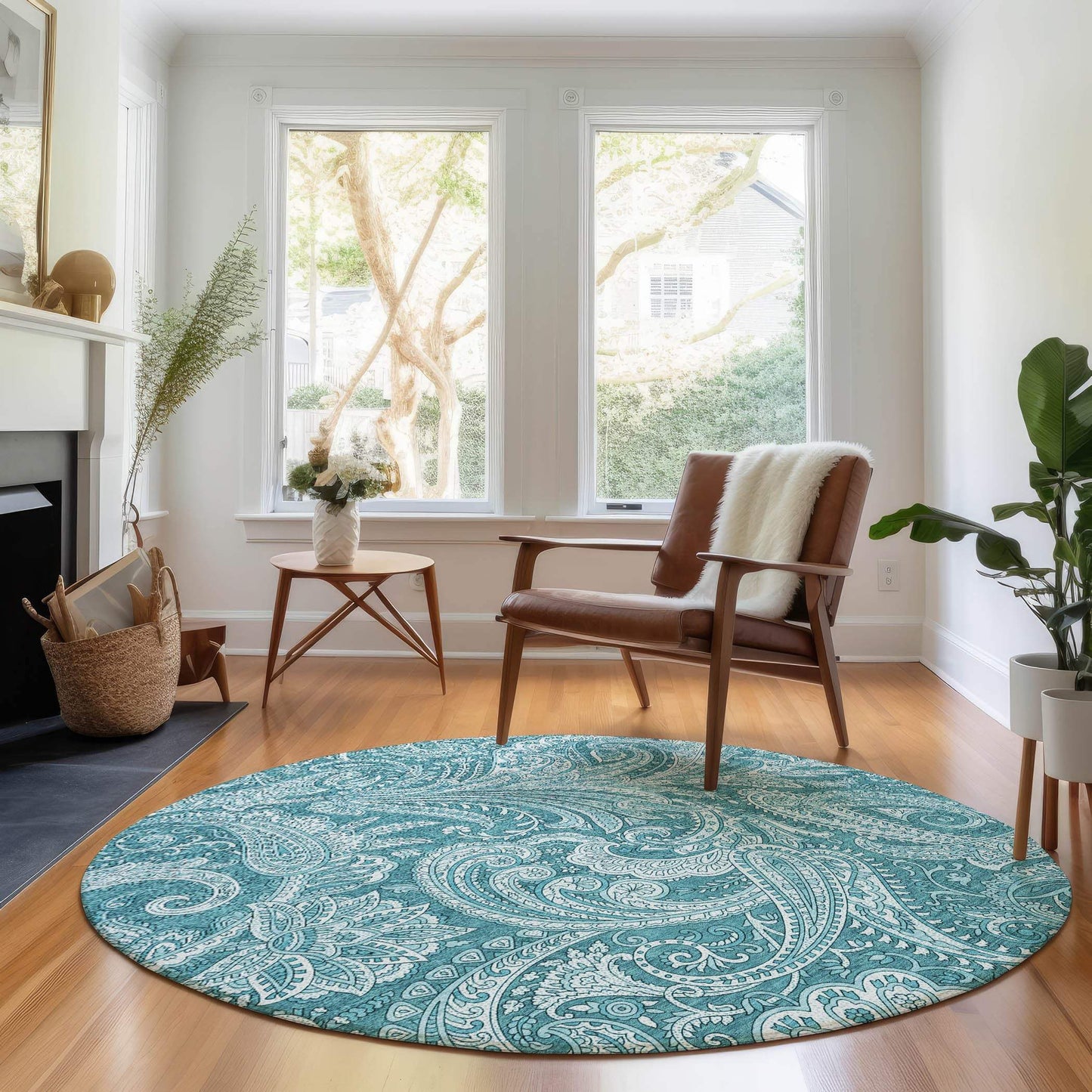 8' Turquoise And Ivory Paisley Washable Round Rug With UV Protection - HomeRoots - Flyclothing LLC