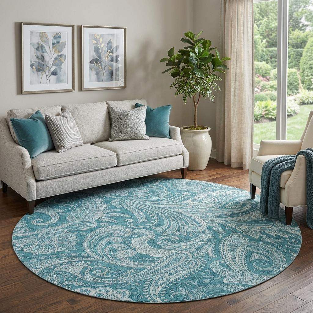 8' Turquoise And Ivory Paisley Washable Round Rug With UV Protection - HomeRoots - Flyclothing LLC