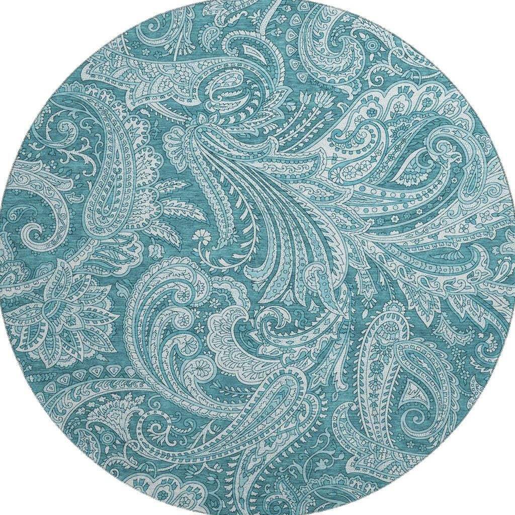 8' Turquoise And Ivory Paisley Washable Round Rug With UV Protection - HomeRoots - Flyclothing LLC
