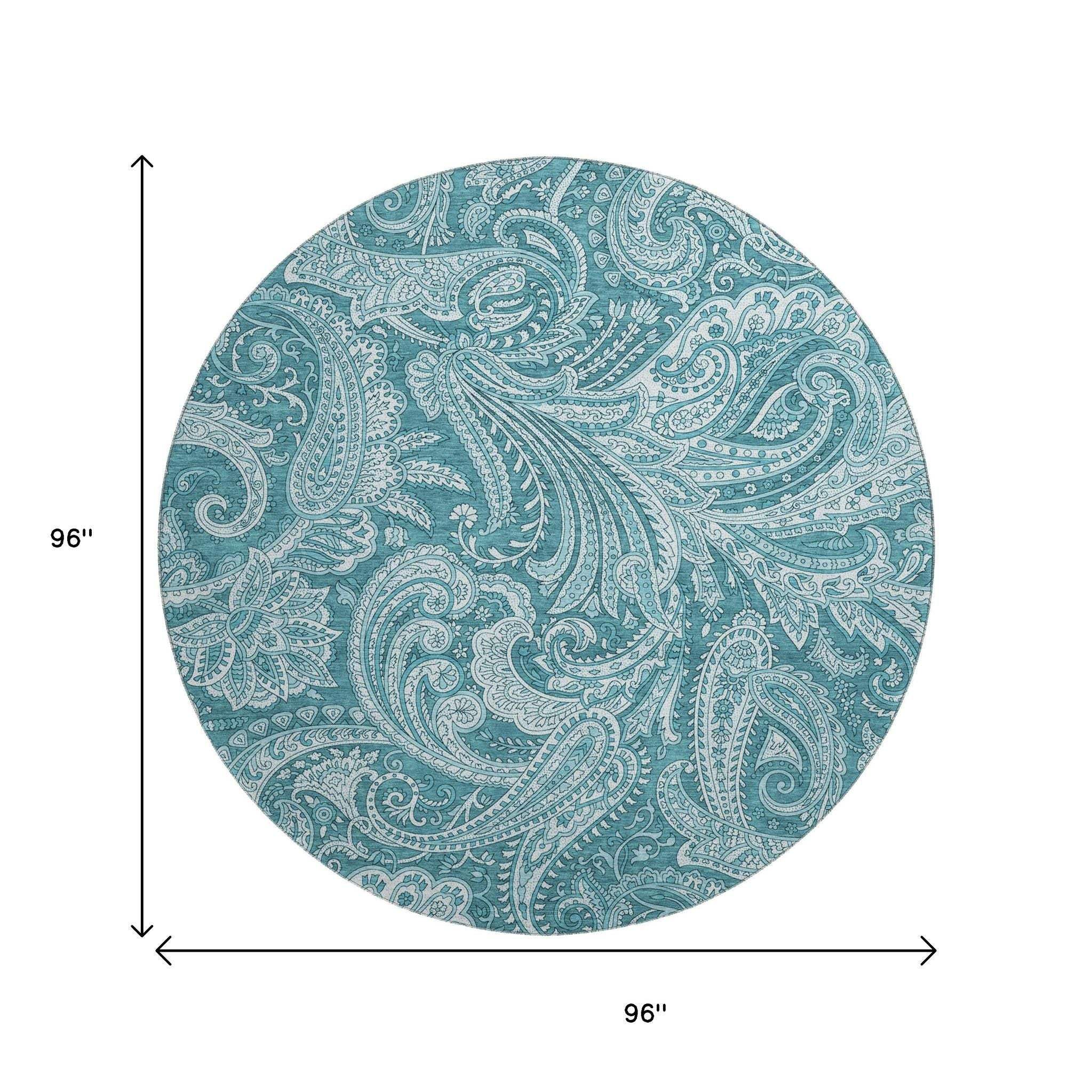 8' Turquoise And Ivory Paisley Washable Round Rug With UV Protection - HomeRoots - Flyclothing LLC