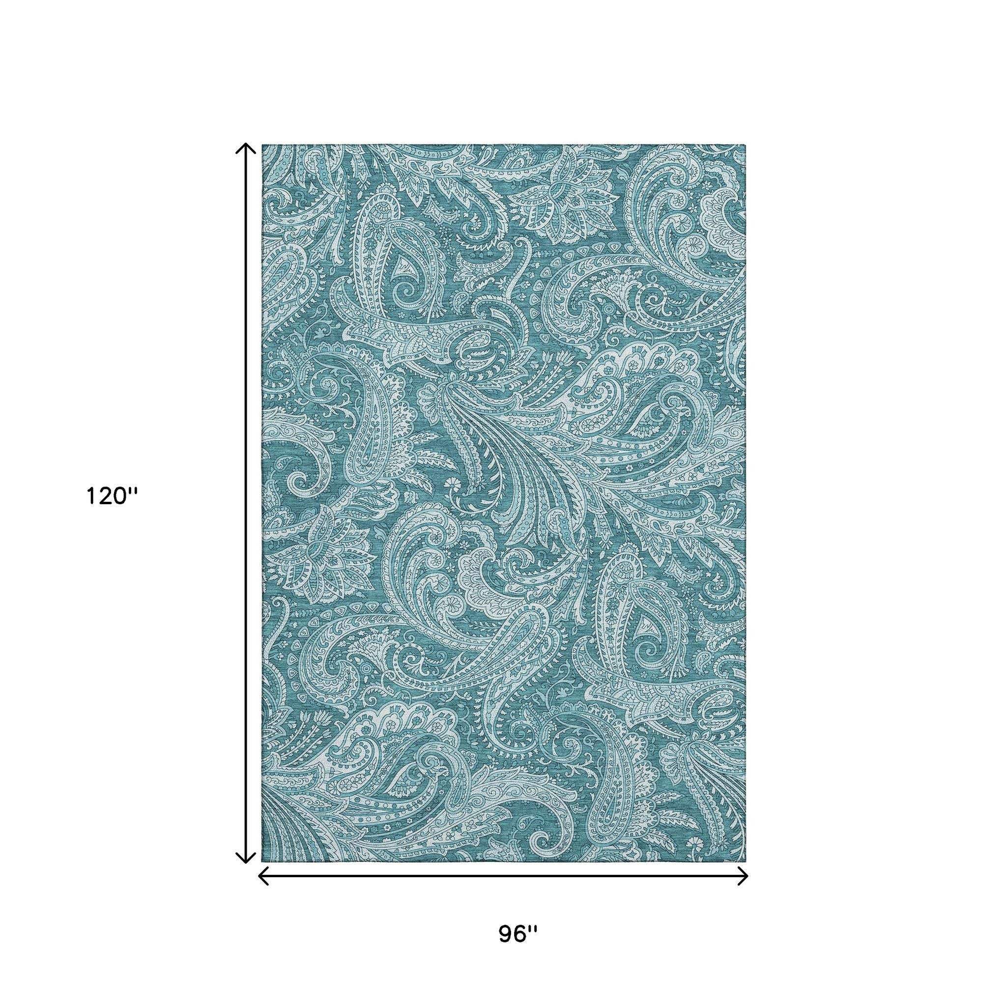 8' X 10' Turquoise And Ivory Paisley Washable Area Rug With UV Protection - HomeRoots - Flyclothing LLC