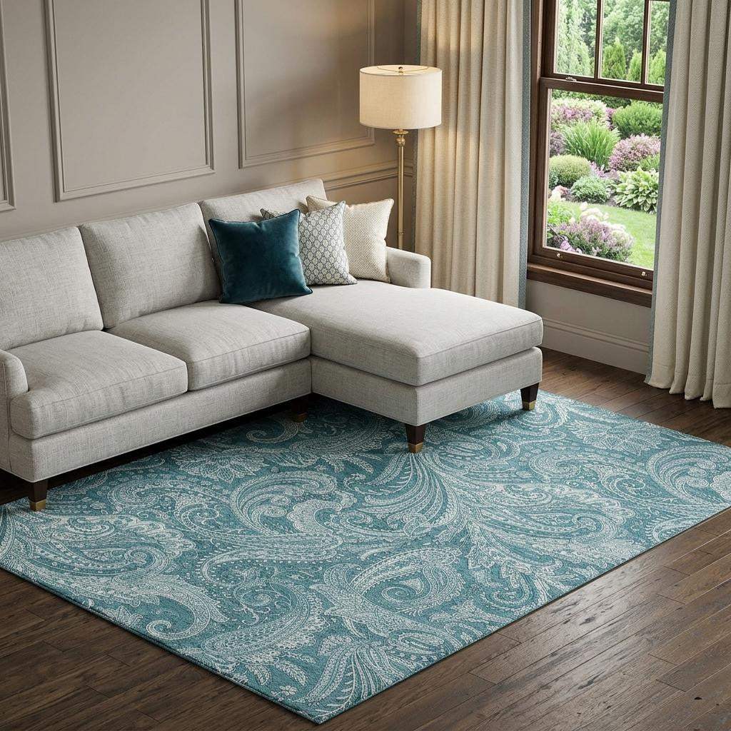 8' X 10' Turquoise And Ivory Paisley Washable Area Rug With UV Protection - HomeRoots - Flyclothing LLC