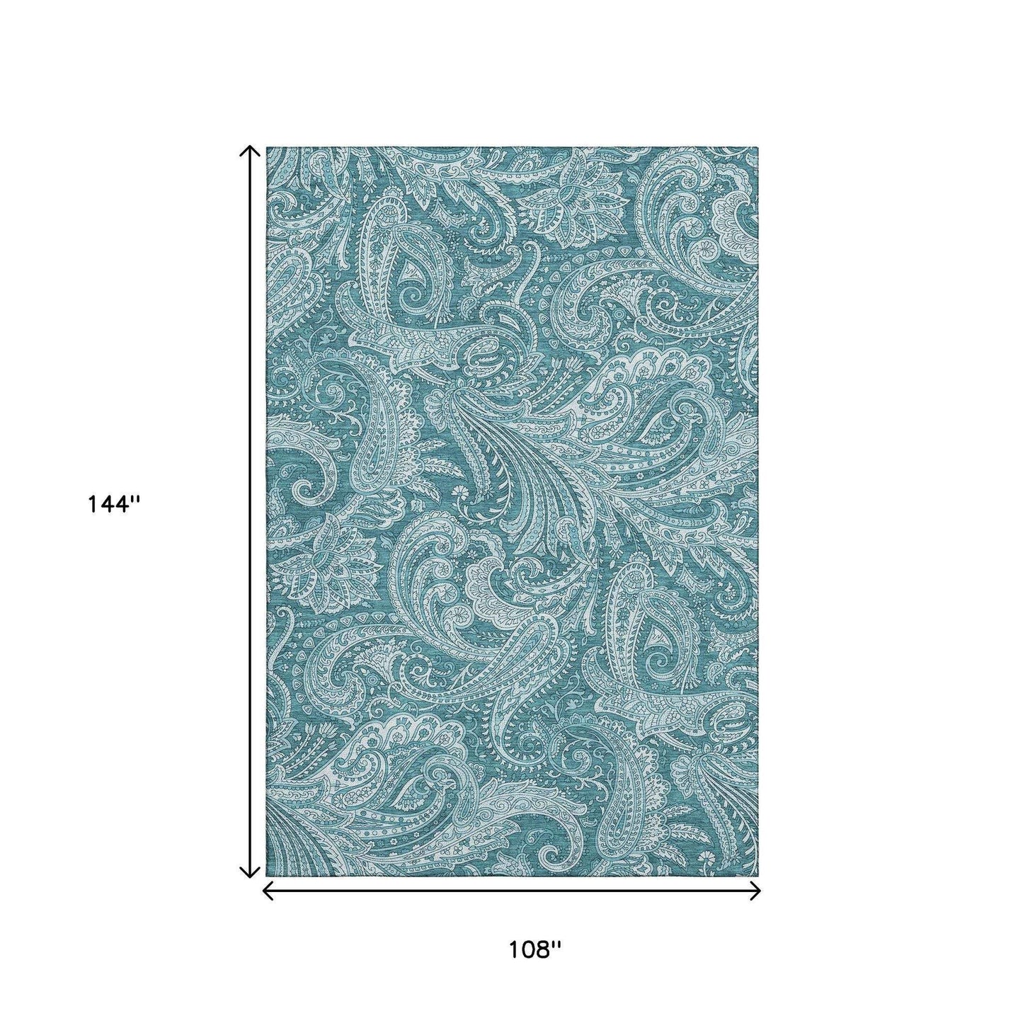 9' X 12' Turquoise And Ivory Paisley Washable Area Rug With UV Protection - HomeRoots - Flyclothing LLC