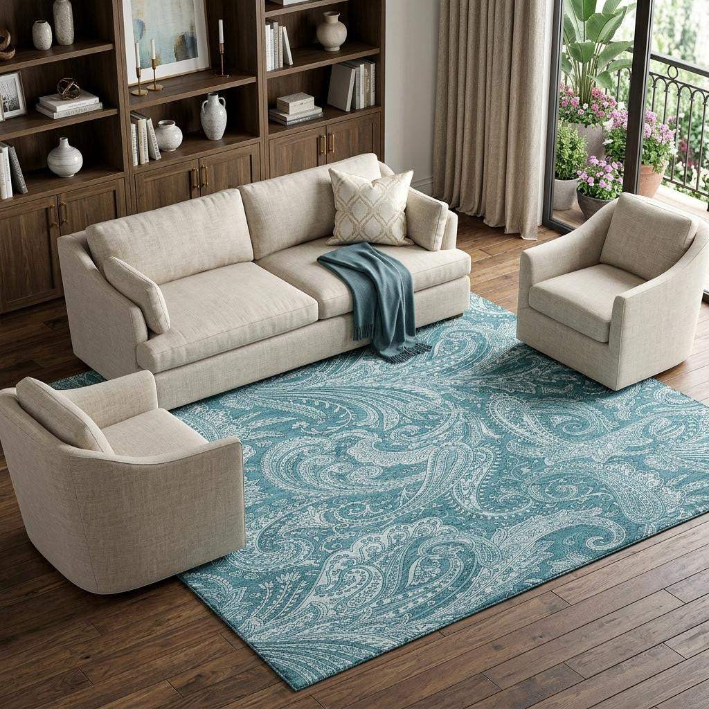 9' X 12' Turquoise And Ivory Paisley Washable Area Rug With UV Protection - HomeRoots - Flyclothing LLC
