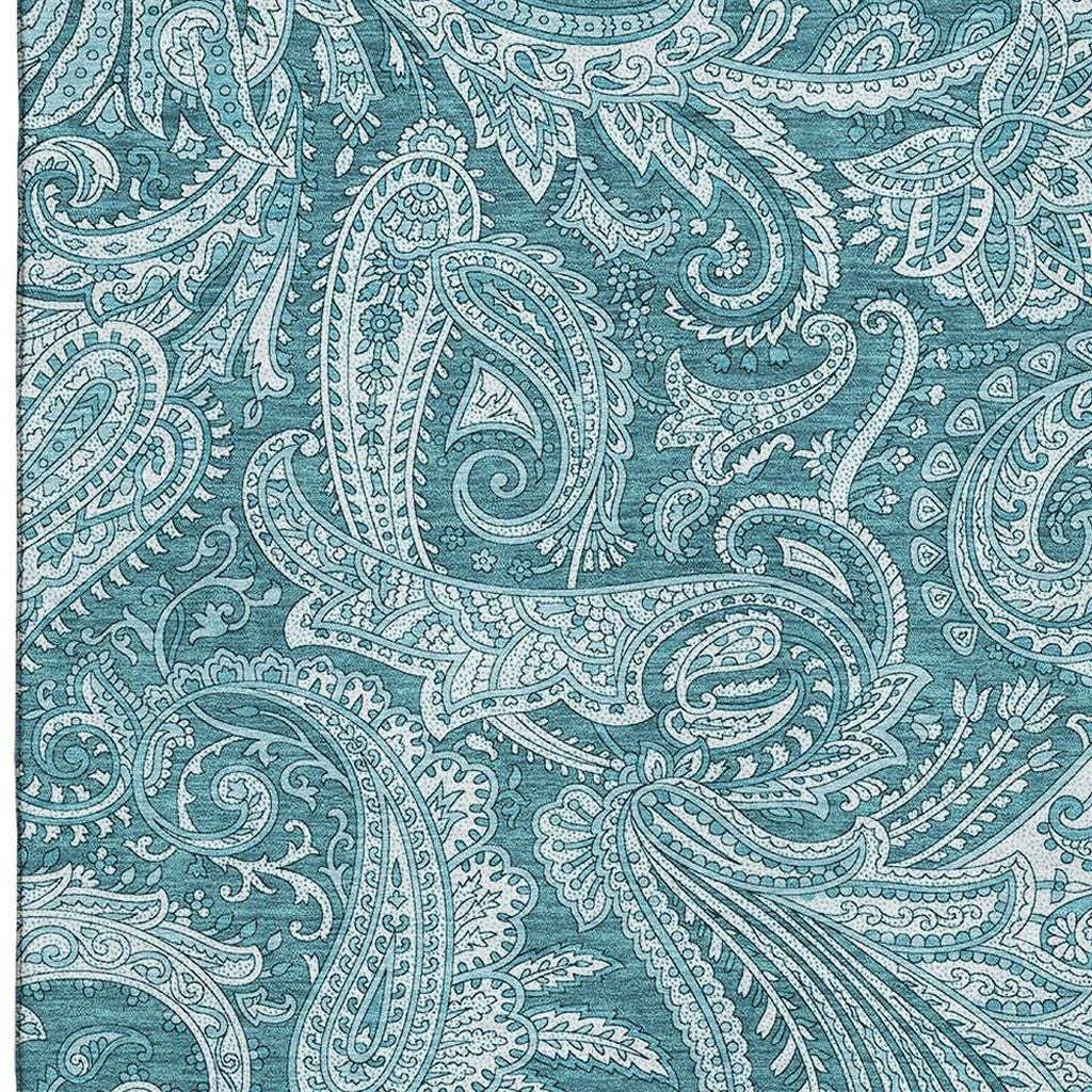 9' X 12' Turquoise And Ivory Paisley Washable Area Rug With UV Protection - HomeRoots - Flyclothing LLC