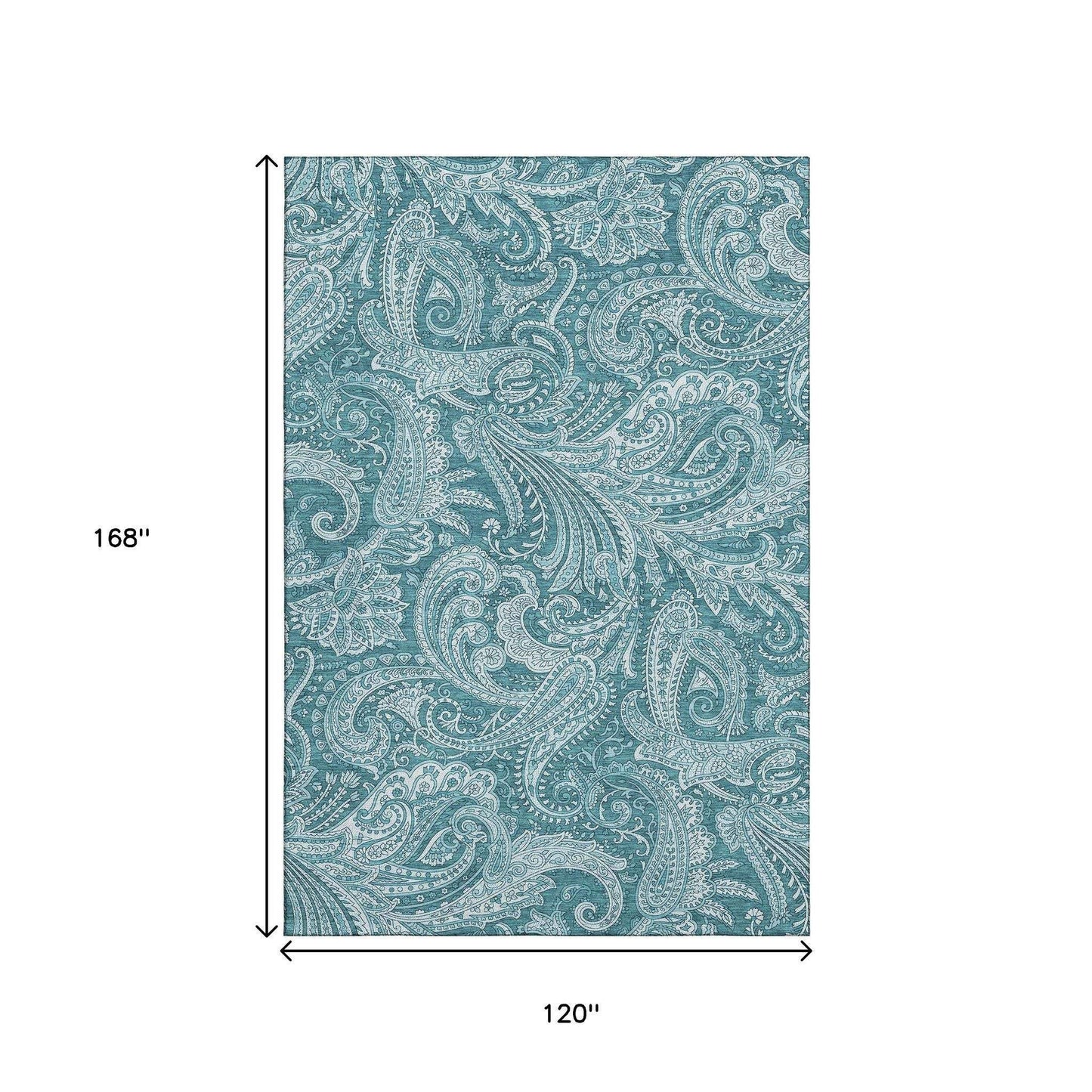 10' X 14' Turquoise And Ivory Paisley Washable Area Rug With UV Protection - HomeRoots - Flyclothing LLC