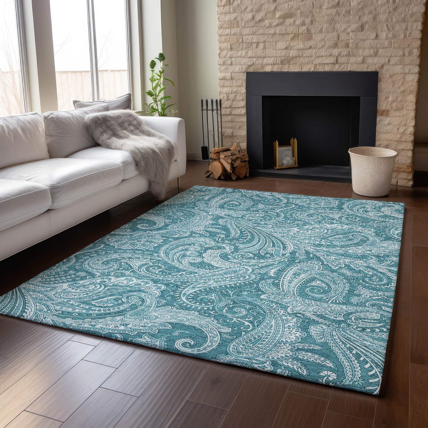 10' X 14' Turquoise And Ivory Paisley Washable Area Rug With UV Protection - HomeRoots - Flyclothing LLC