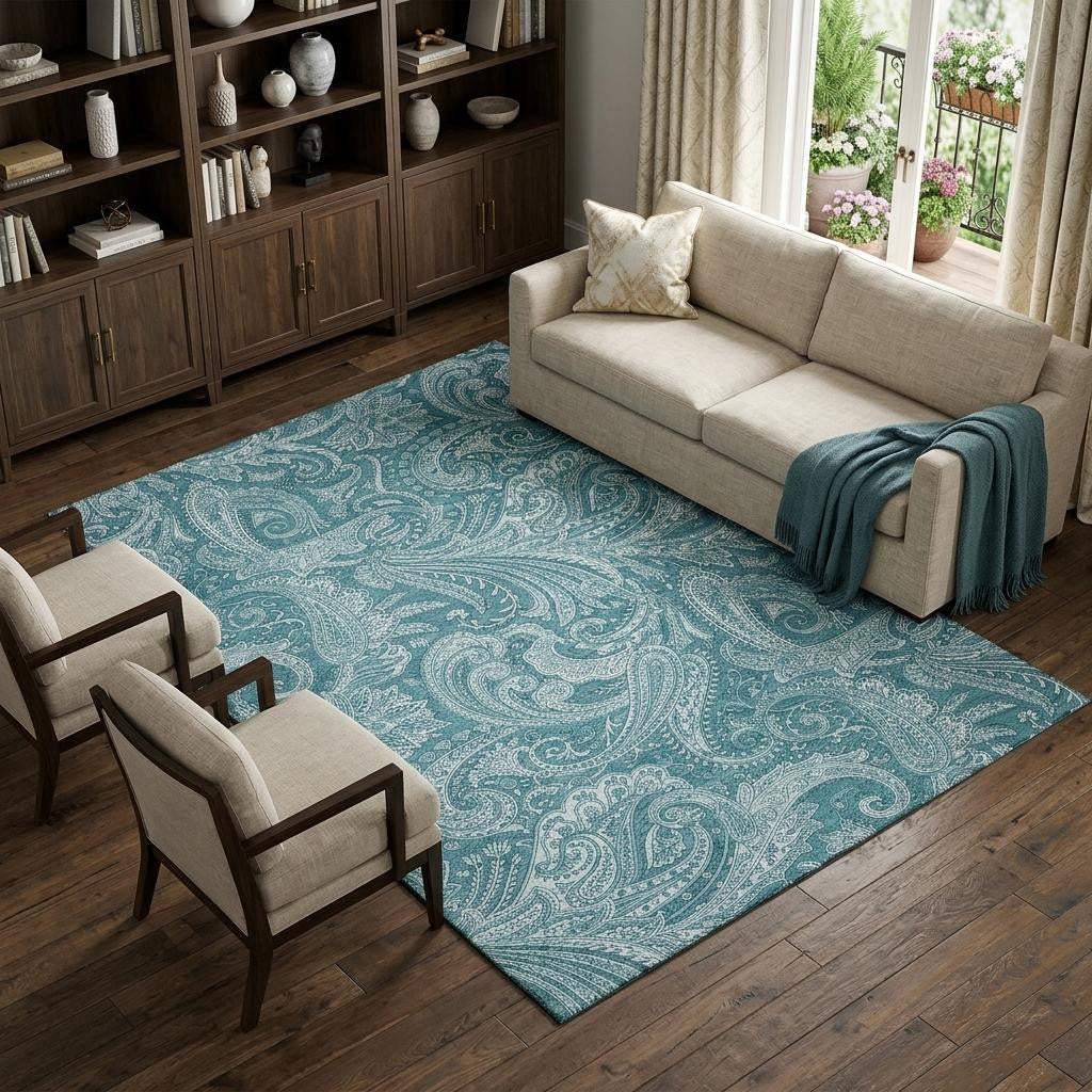 10' X 14' Turquoise And Ivory Paisley Washable Area Rug With UV Protection - HomeRoots - Flyclothing LLC