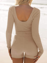 Scoop Neck Long Sleeve Top and Shorts Set - Trendsi - Flyclothing LLC