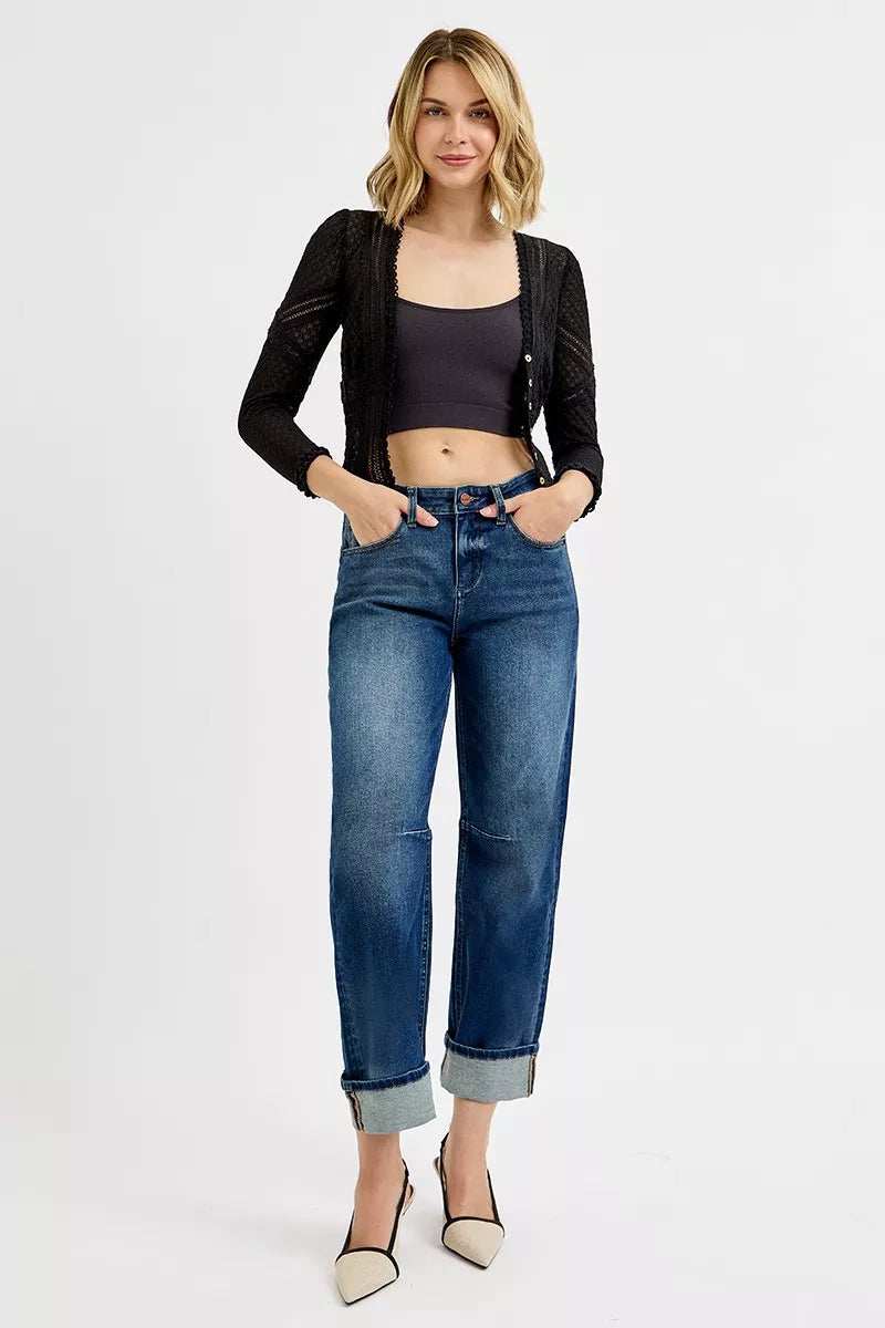 RISEN Slouchy Crop Barrel Cuffed Jeans - Trendsi - Flyclothing LLC