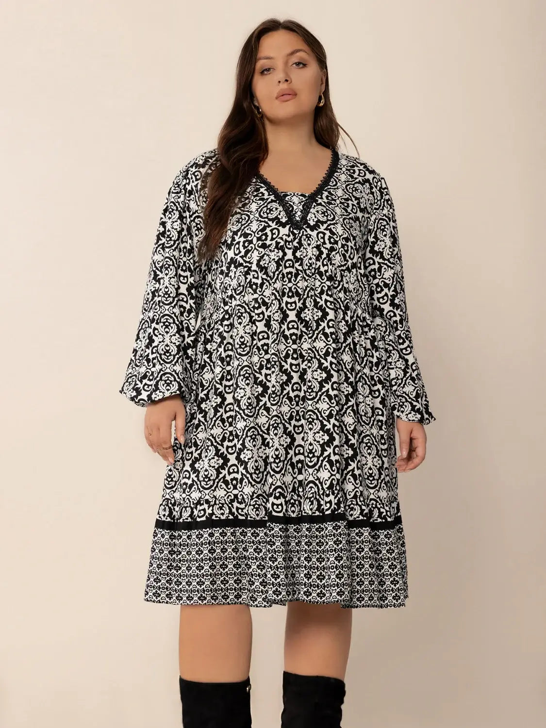 Plus Size Lace Detail Printed Balloon Sleeve Dress - Trendsi - Flyclothing LLC