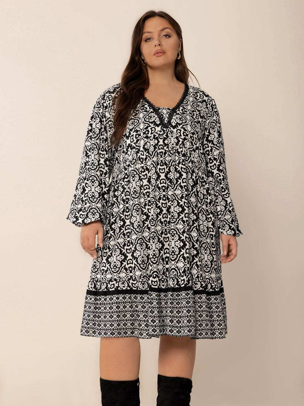 Plus Size Lace Detail Printed Balloon Sleeve Dress - Trendsi - Flyclothing LLC