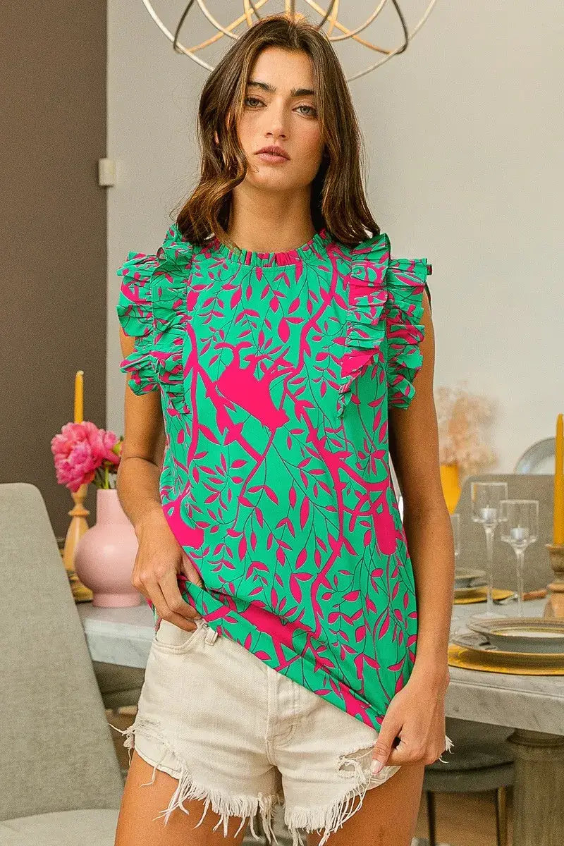 BiBi Leopard Leaves Print Woven Top - Trendsi - Flyclothing LLC