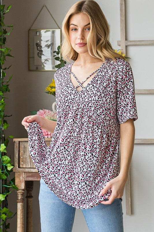 Heimish Full Size Short Sleeve Crisscross Animal Babydoll Top Plus Size - Trendsi - Flyclothing LLC