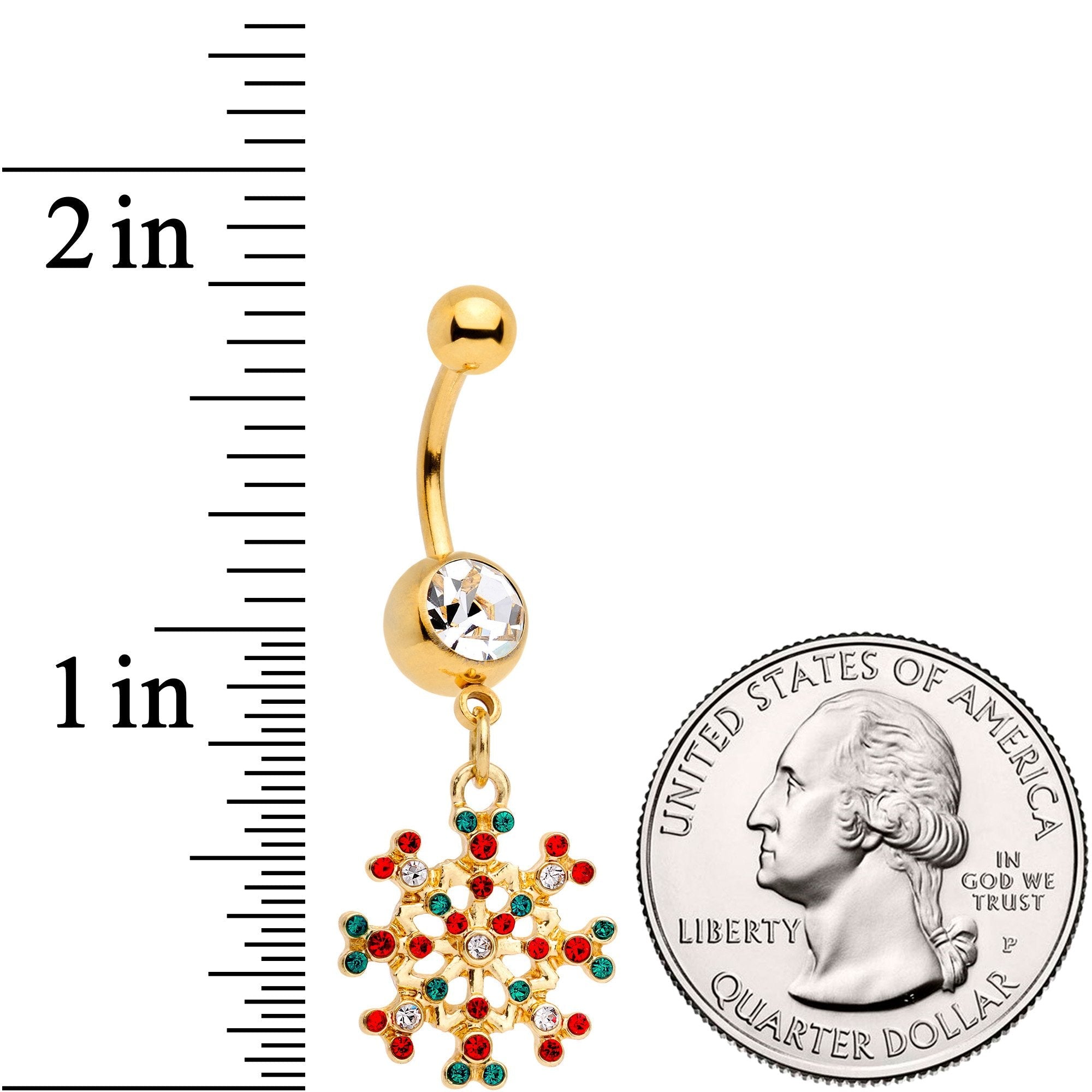 Red Green Gem Gold Tone Winter Blizzard Dangle Belly Ring - BodyCandy - Flyclothing LLC