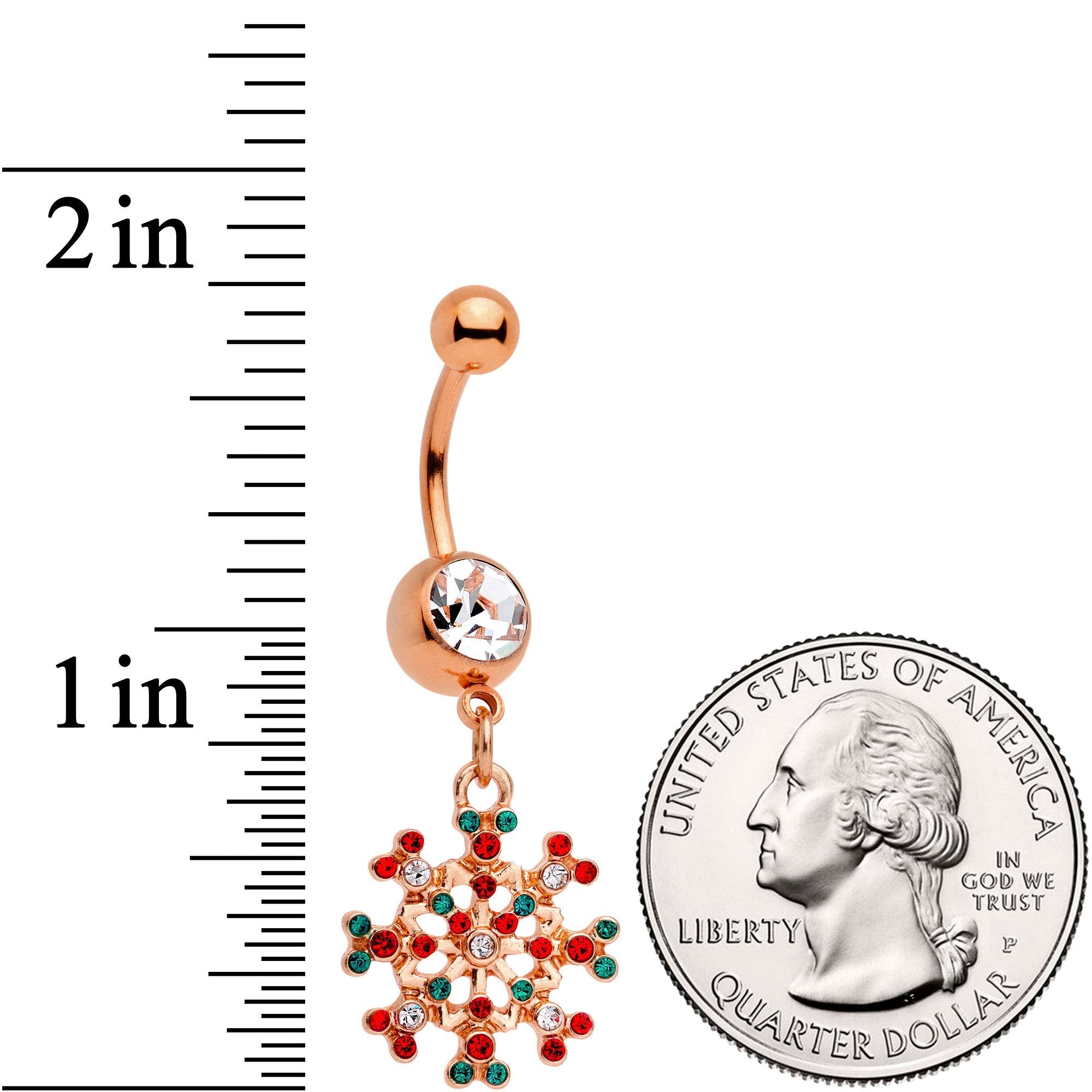 Red Green Gem Rose Gold Tone Winter Blizzard Dangle Belly Ring - BodyCandy - Flyclothing LLC